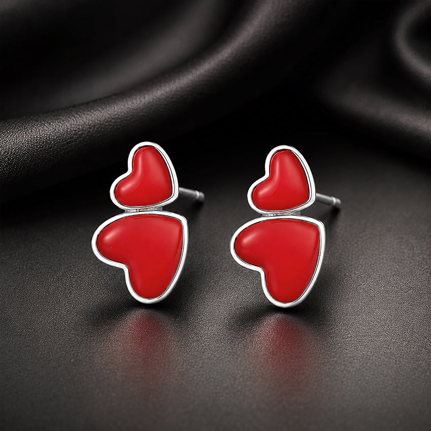 Crimson Twin Red Hearts 925 Sterling Silver Designer Earring