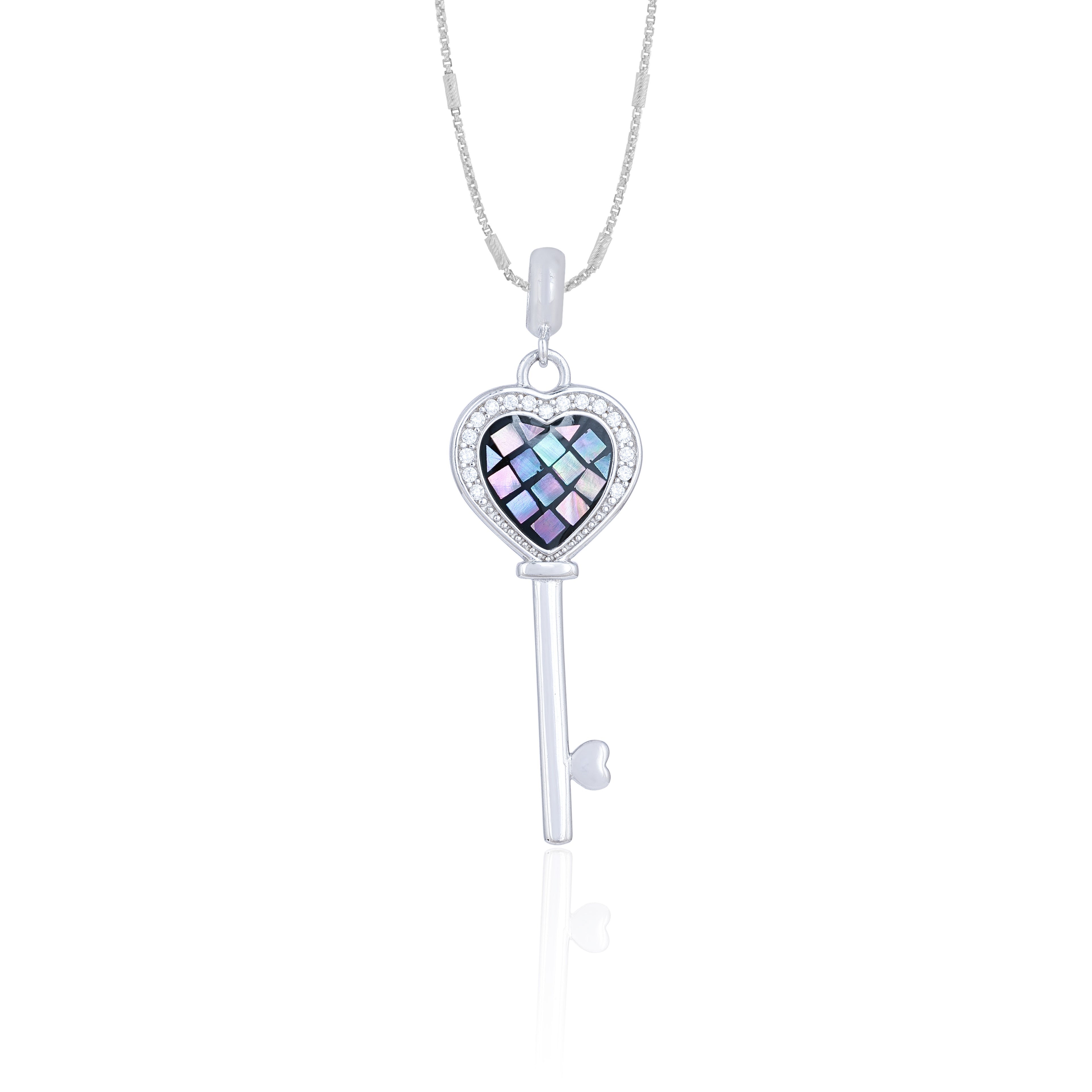 Heart-shaped key pendant with colorful heart design on a white background