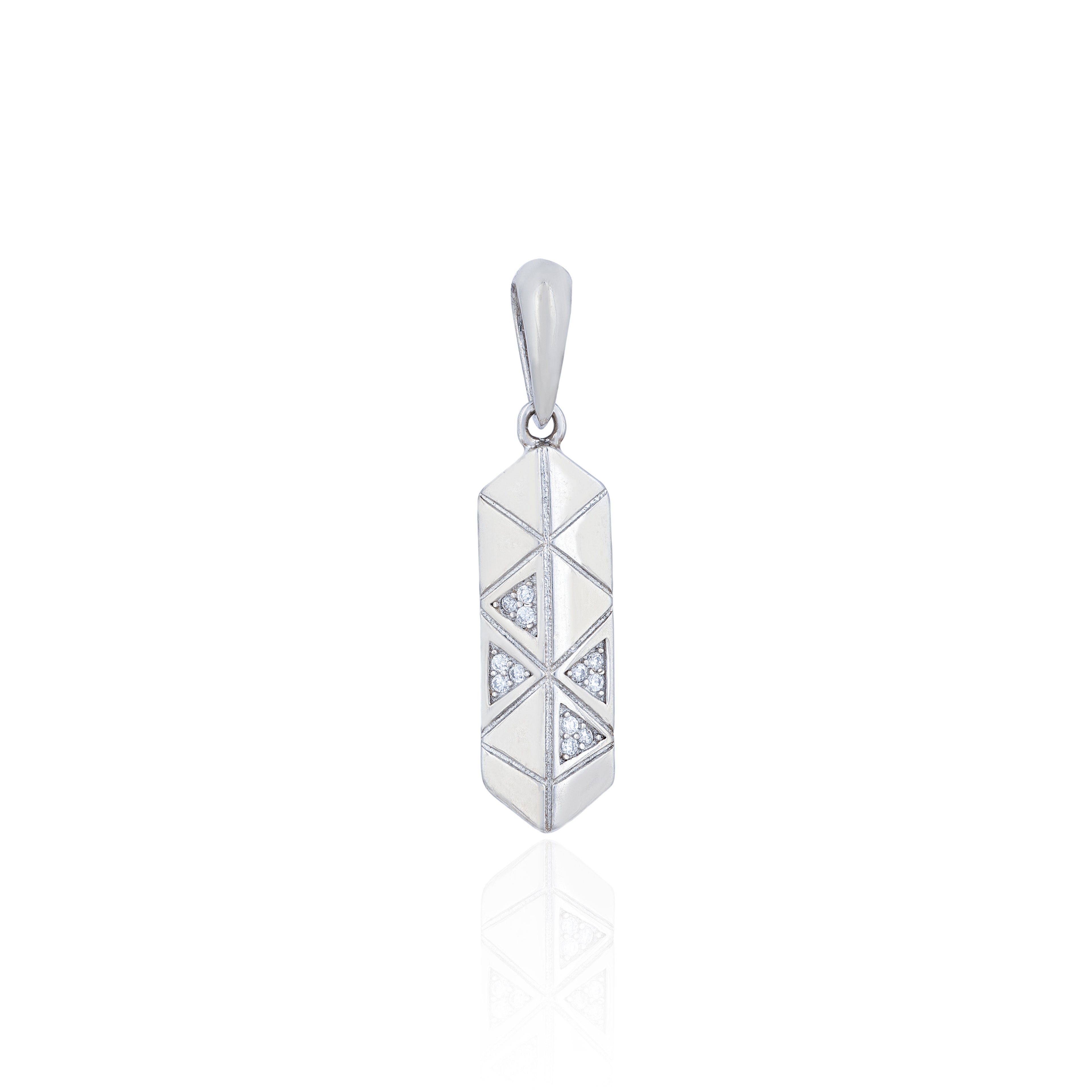 Silver pendant with geometric design on a white background