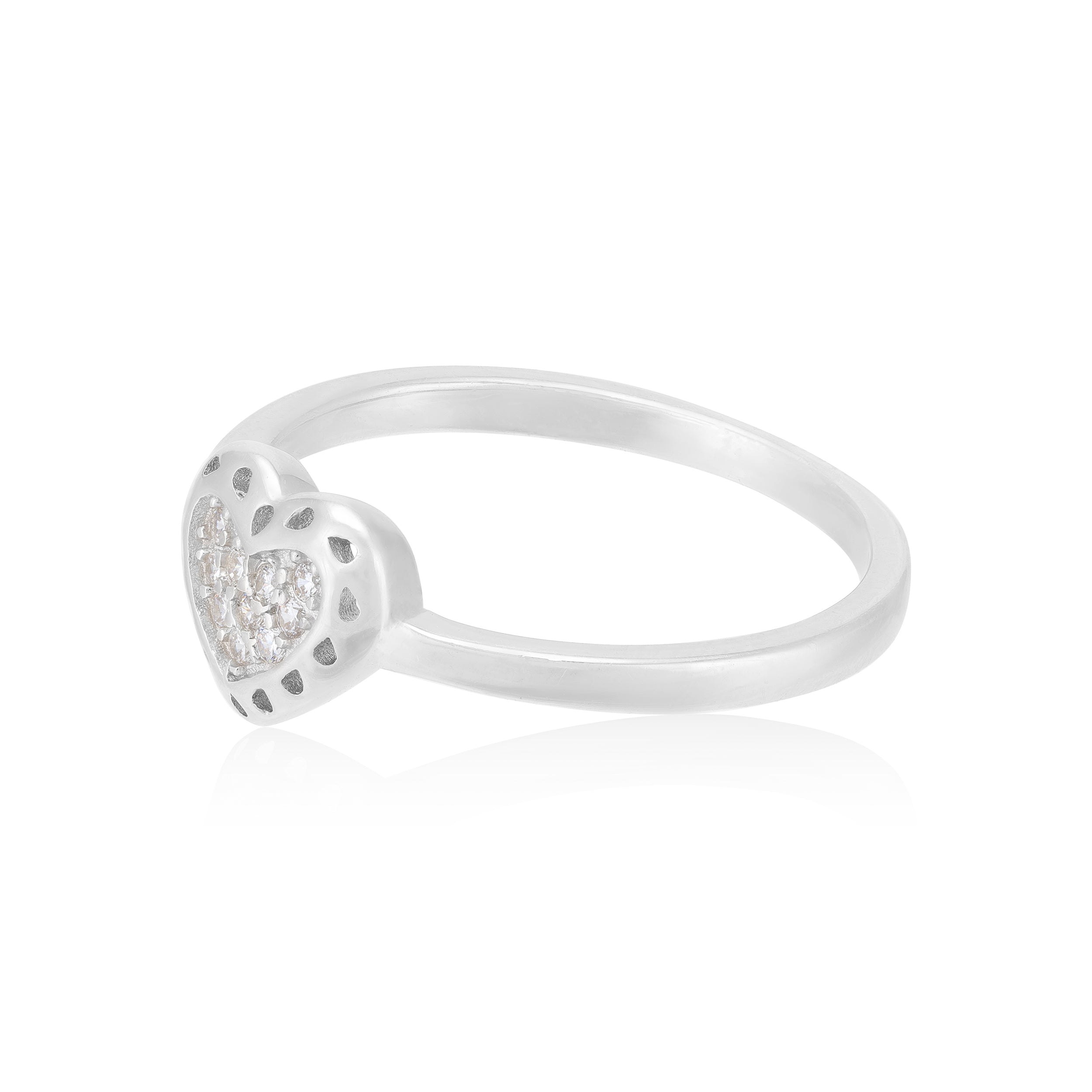 Crystal Stone Centered Heart Engraved Sides Rhodium Plated 925 Rings