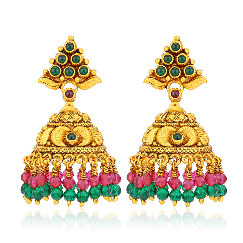 Gold earrings with green and pink beads on a white background
