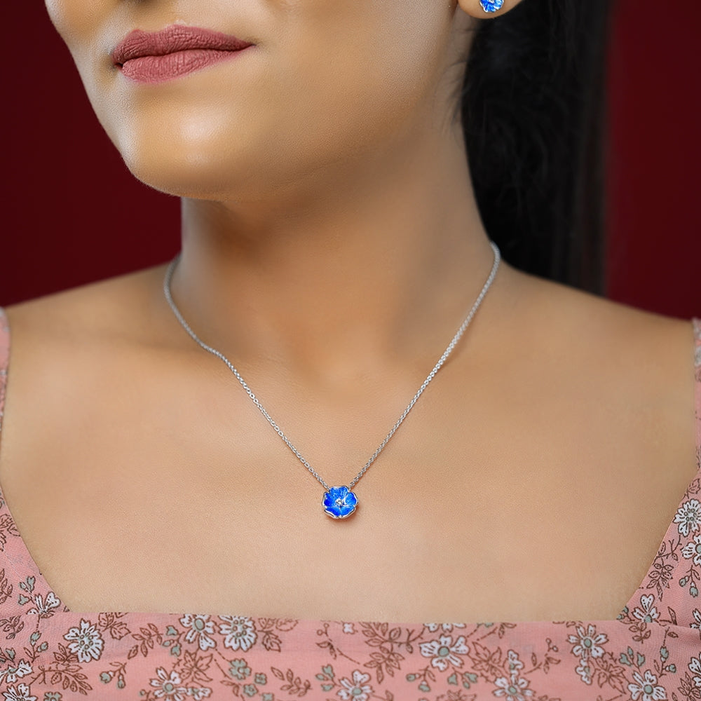 Deep Blue Petals Rhodium Plated 925 White Shine Center Chain Pendant