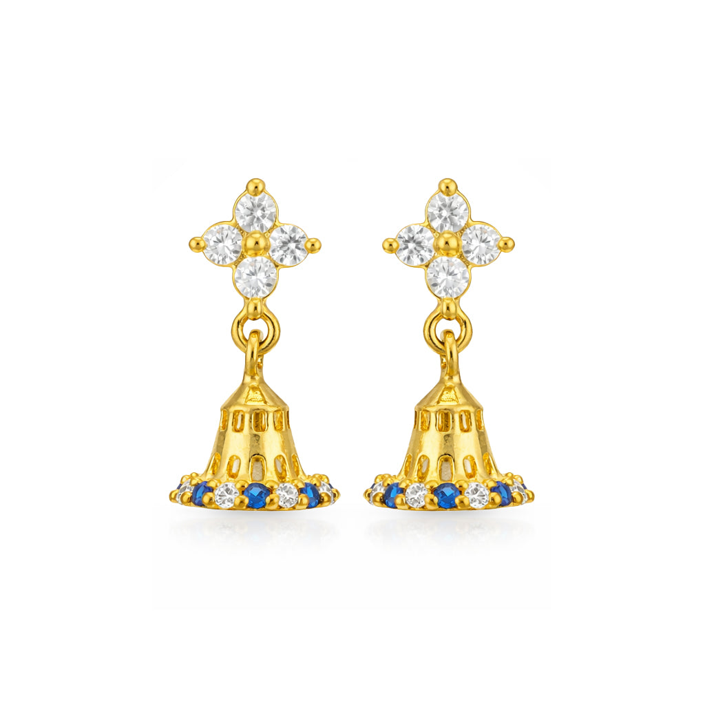 Gold earrings with blue and clear gemstones on a white background