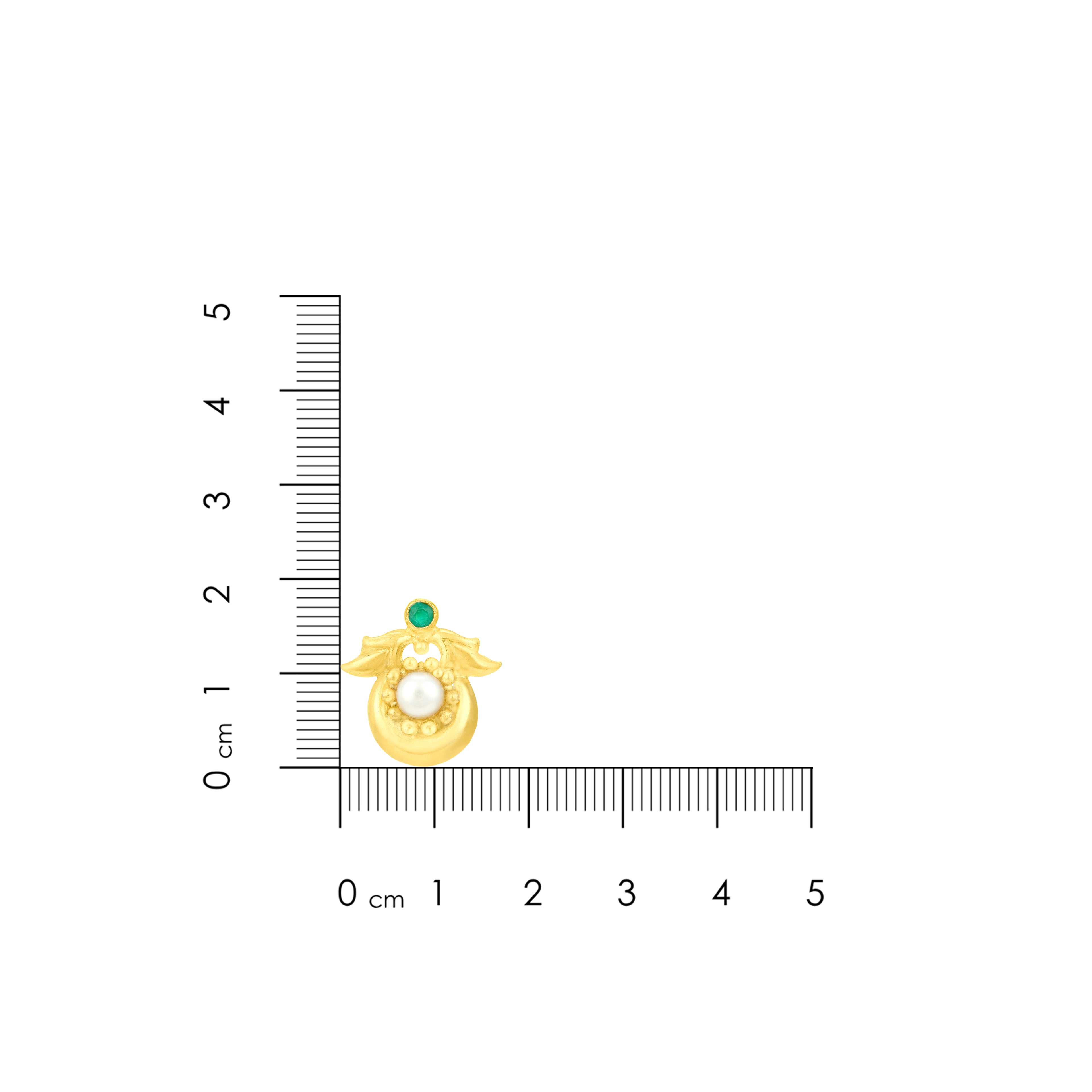 Gold pendant with a green gemstone next to a ruler on a white background