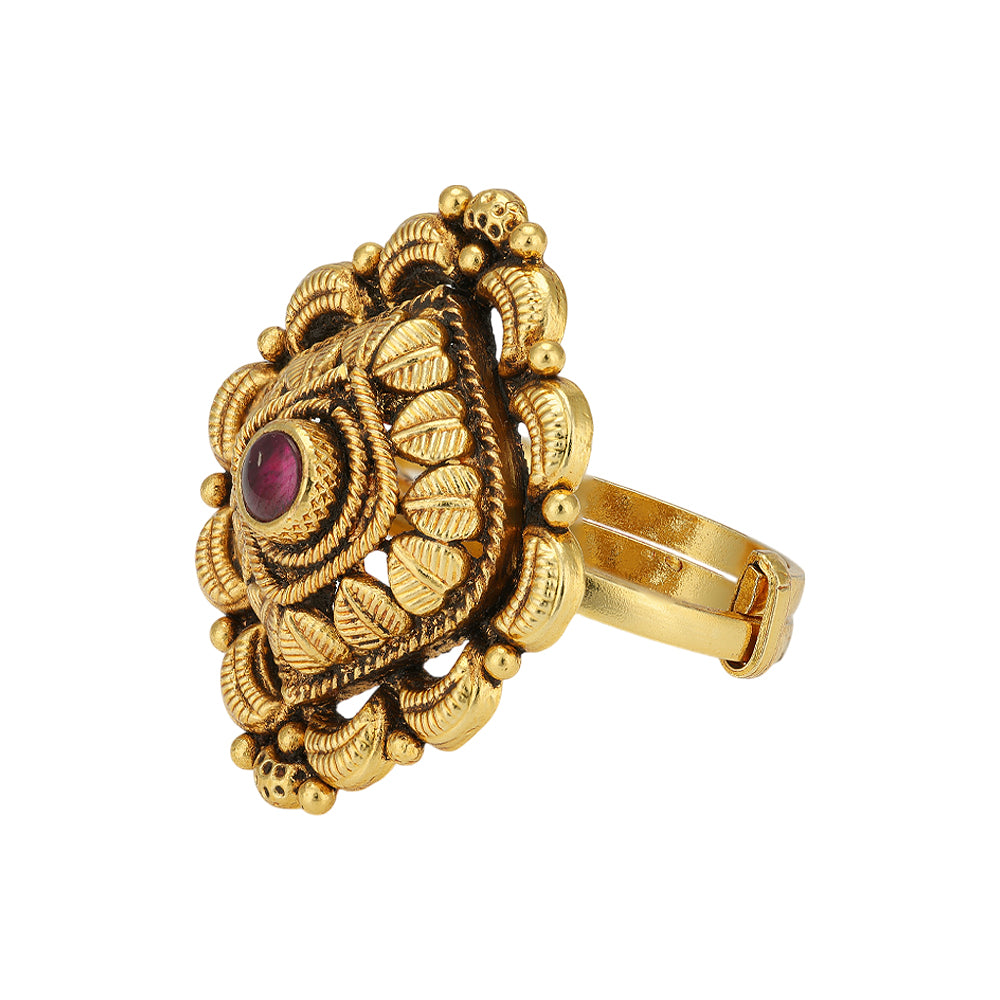 Diamond Inspired Shape Gold Plated 925 Red Centered Leaf Embellishments Rings