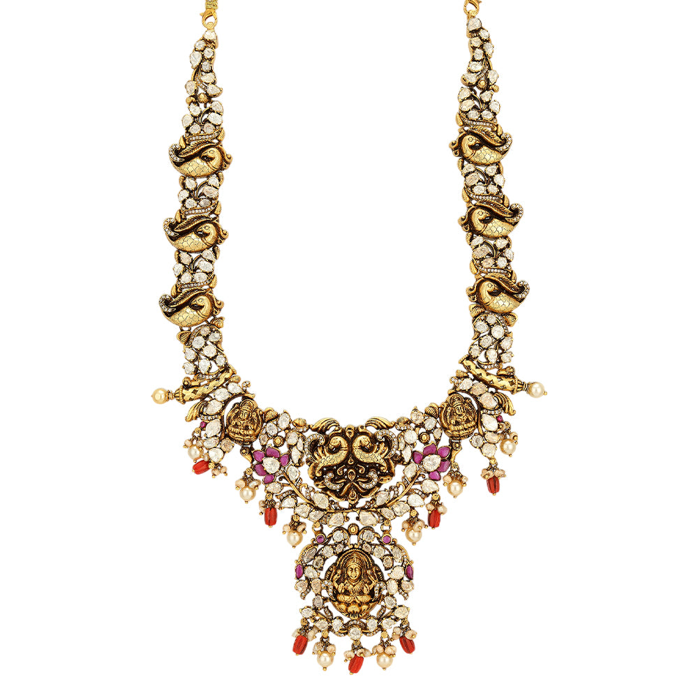 Divine Lakshmi Moissanite Coral Drop Peacock  Detail 925 Gold Plated Haram