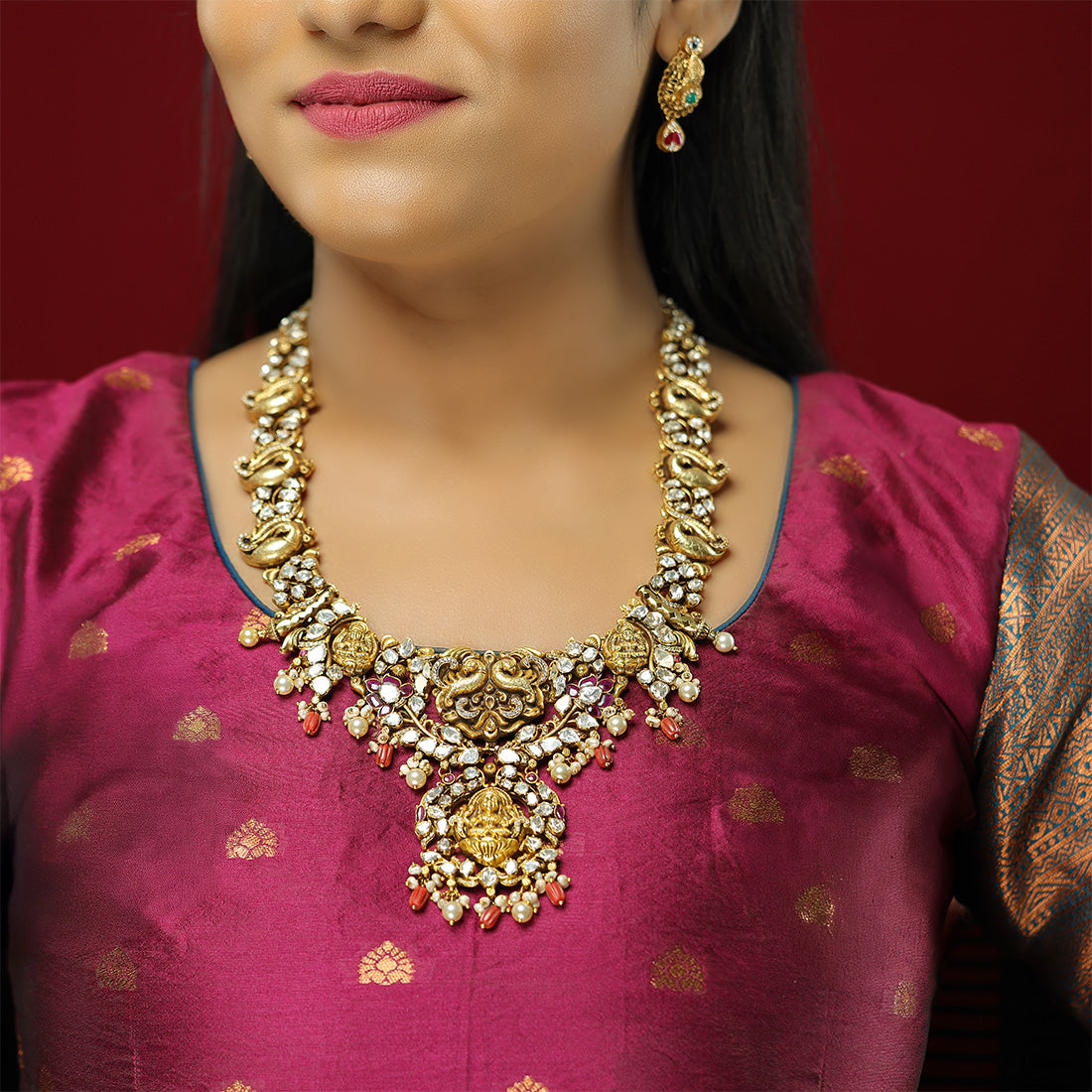 Divine Lakshmi Moissanite Coral Drop Peacock  Detail 925 Gold Plated Haram