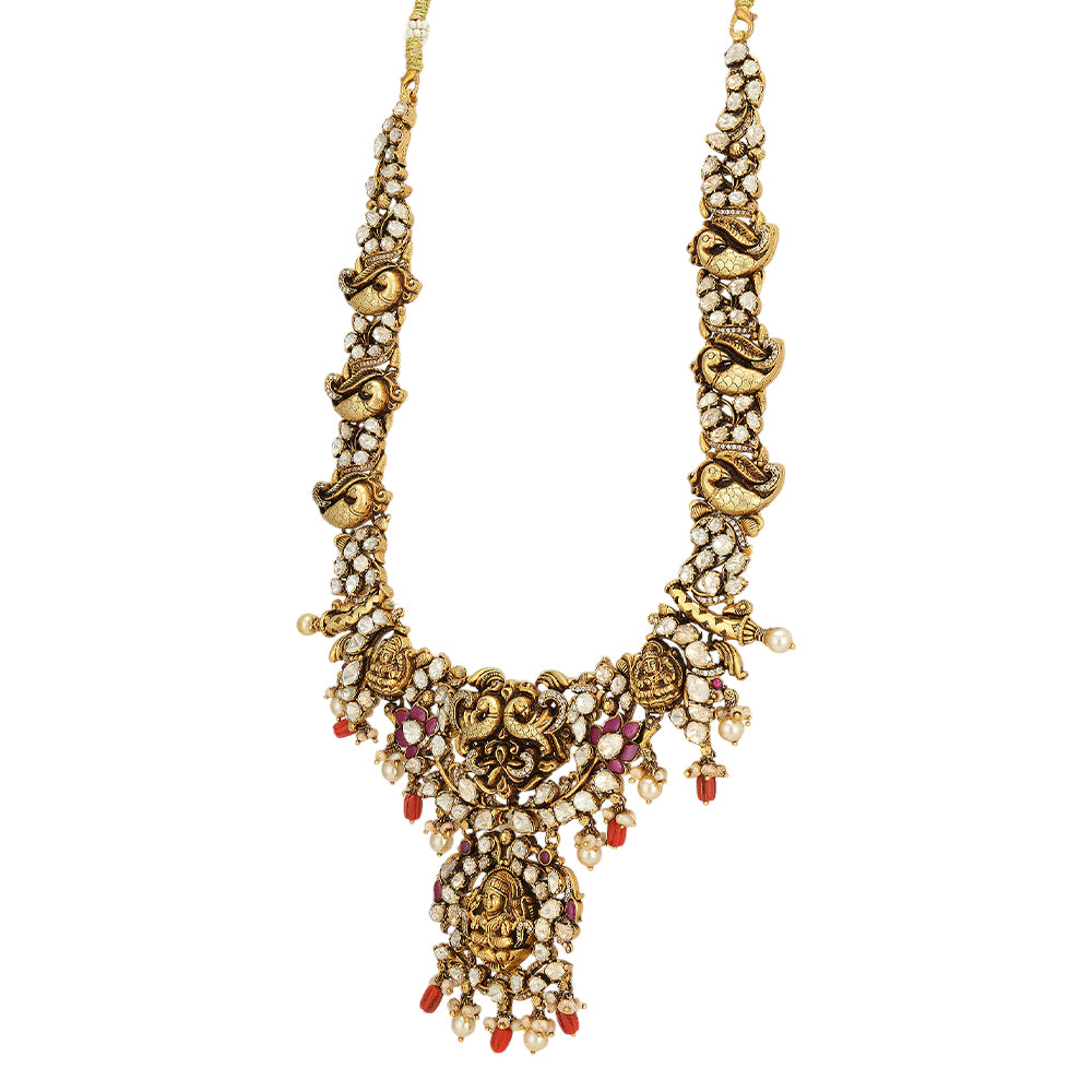 Divine Lakshmi Moissanite Coral Drop Peacock  Detail 925 Gold Plated Haram