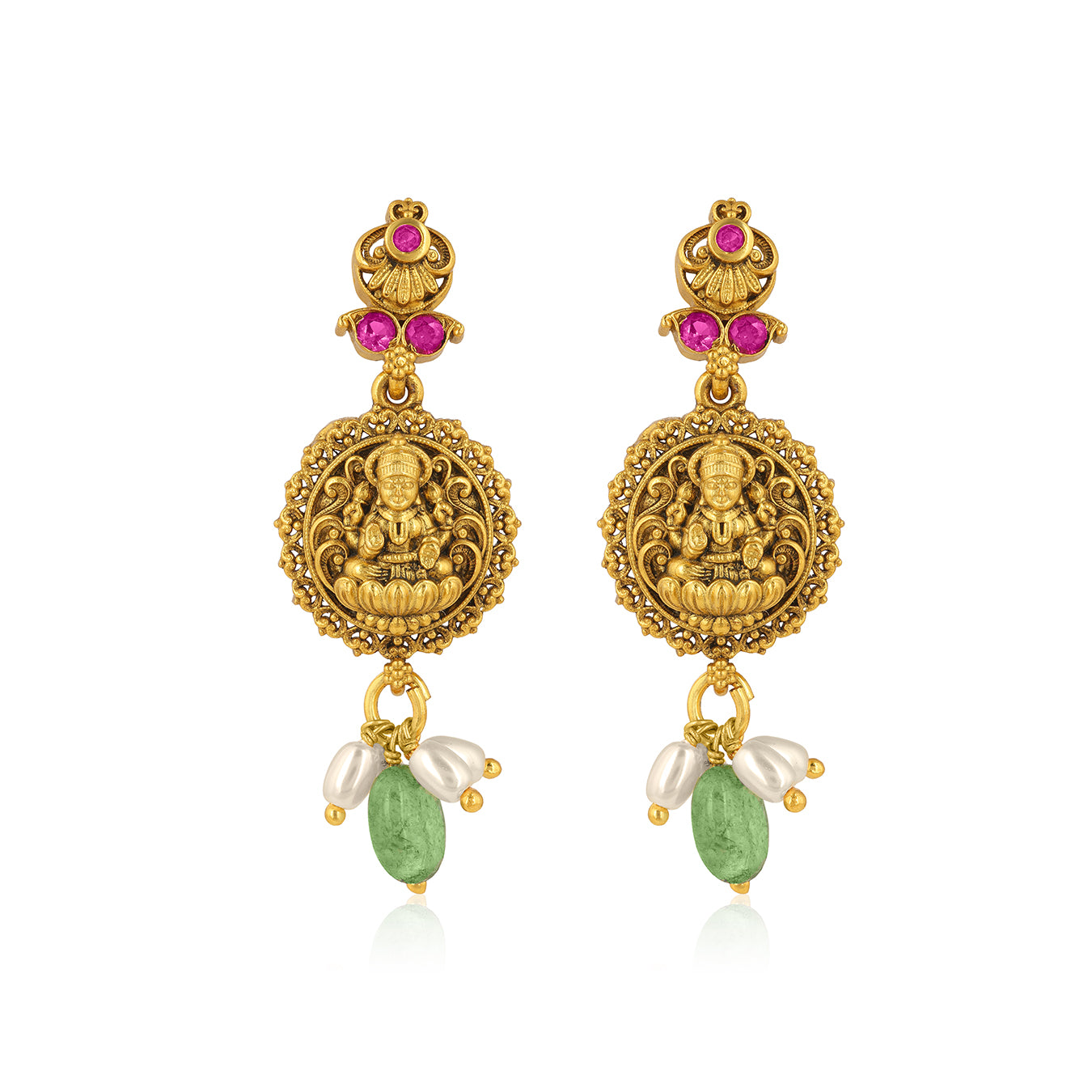 Gold earrings with religious figure, pink gemstones, and green beads on a white background