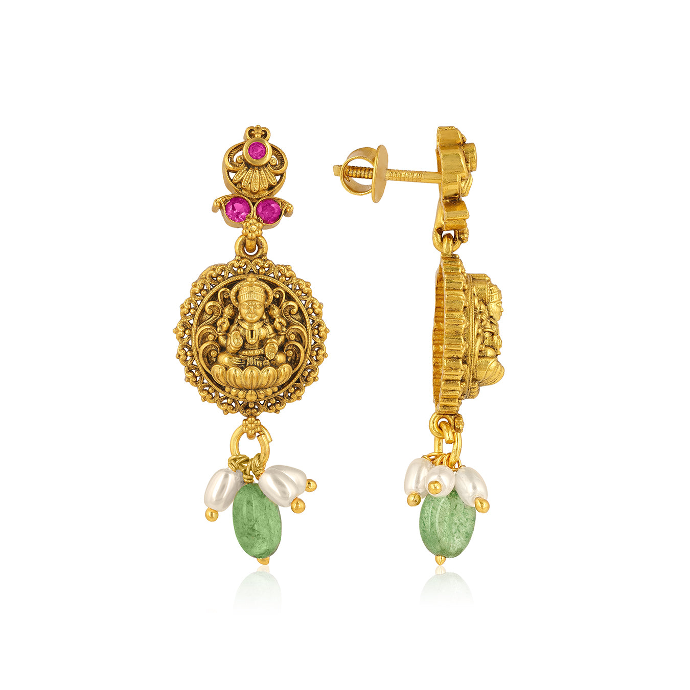 Gold earrings with green and pink gemstones on a white background