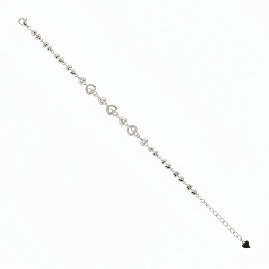 Silver bracelet with heart-shaped charms on a white background