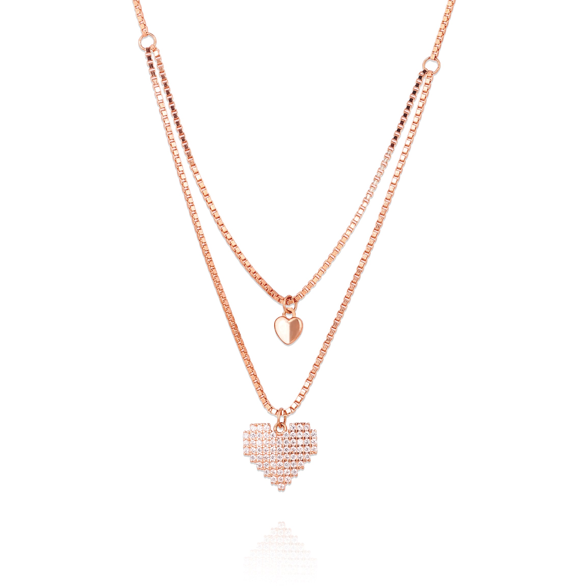 Rose gold heart-shaped necklace on a white background