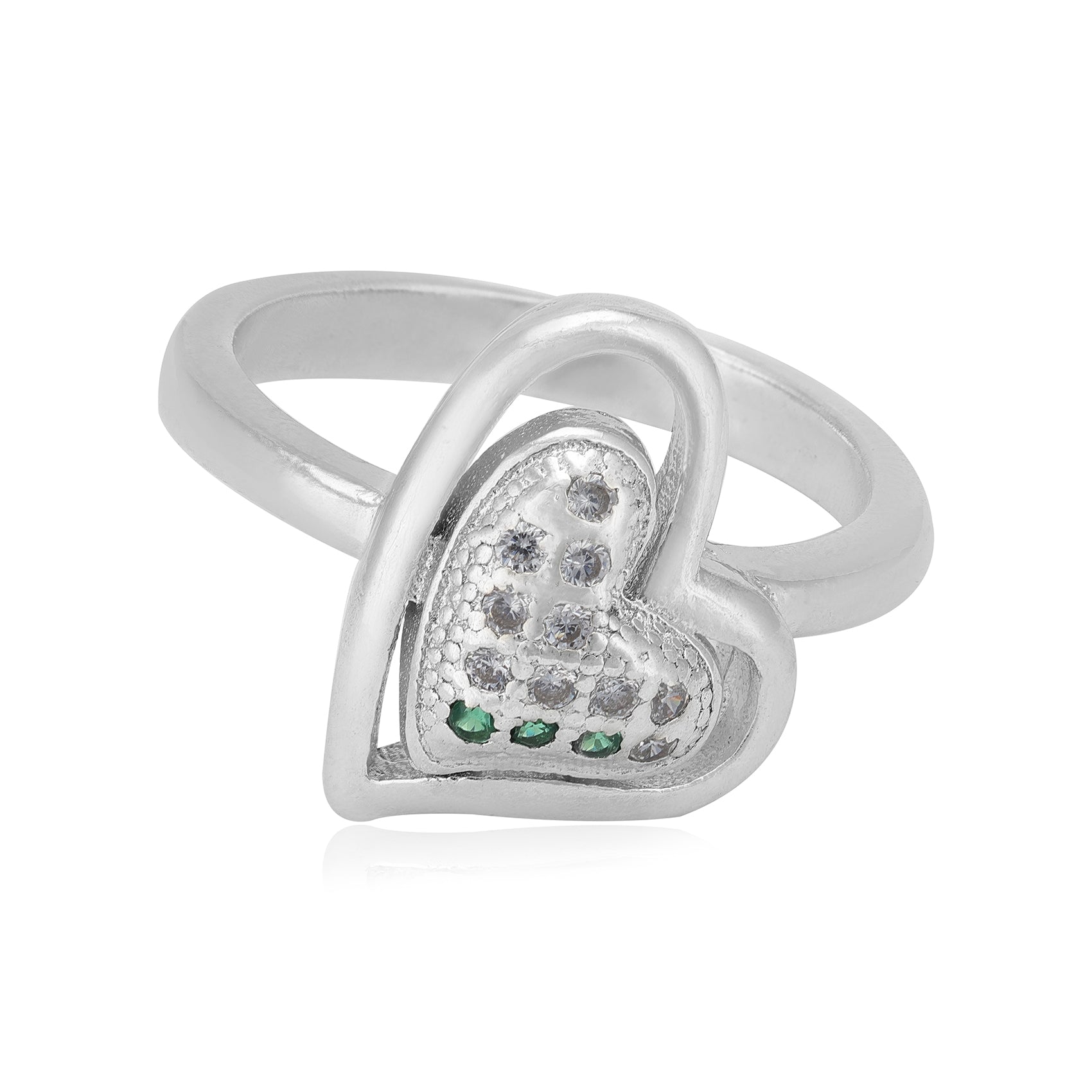 Double Hearts Rhodium Plated White Green Stone Rings