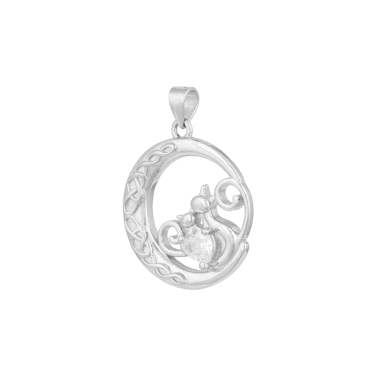 Silver pendant with intricate design on a white background
