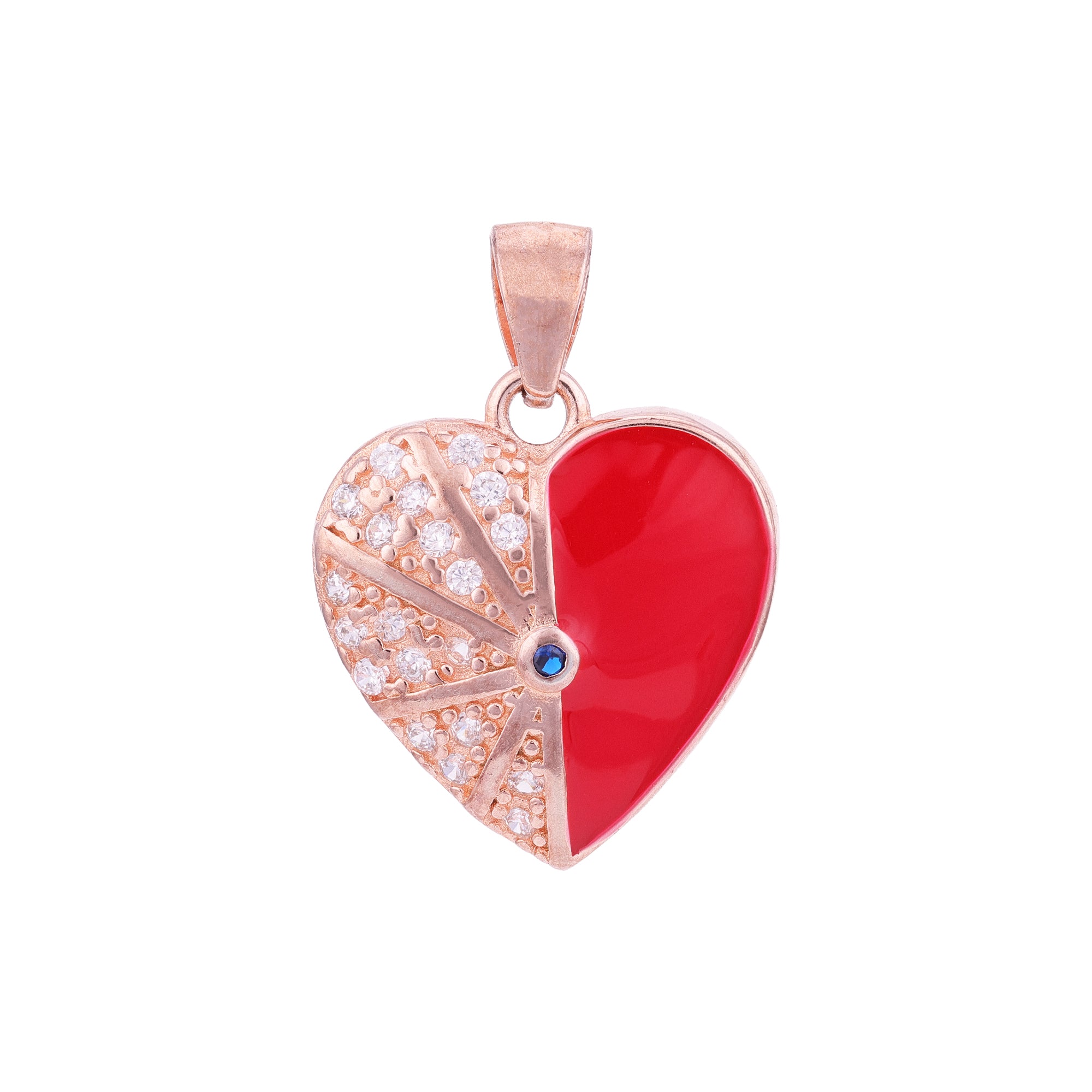 Heart-shaped pendant with red center and rose gold border on a white background