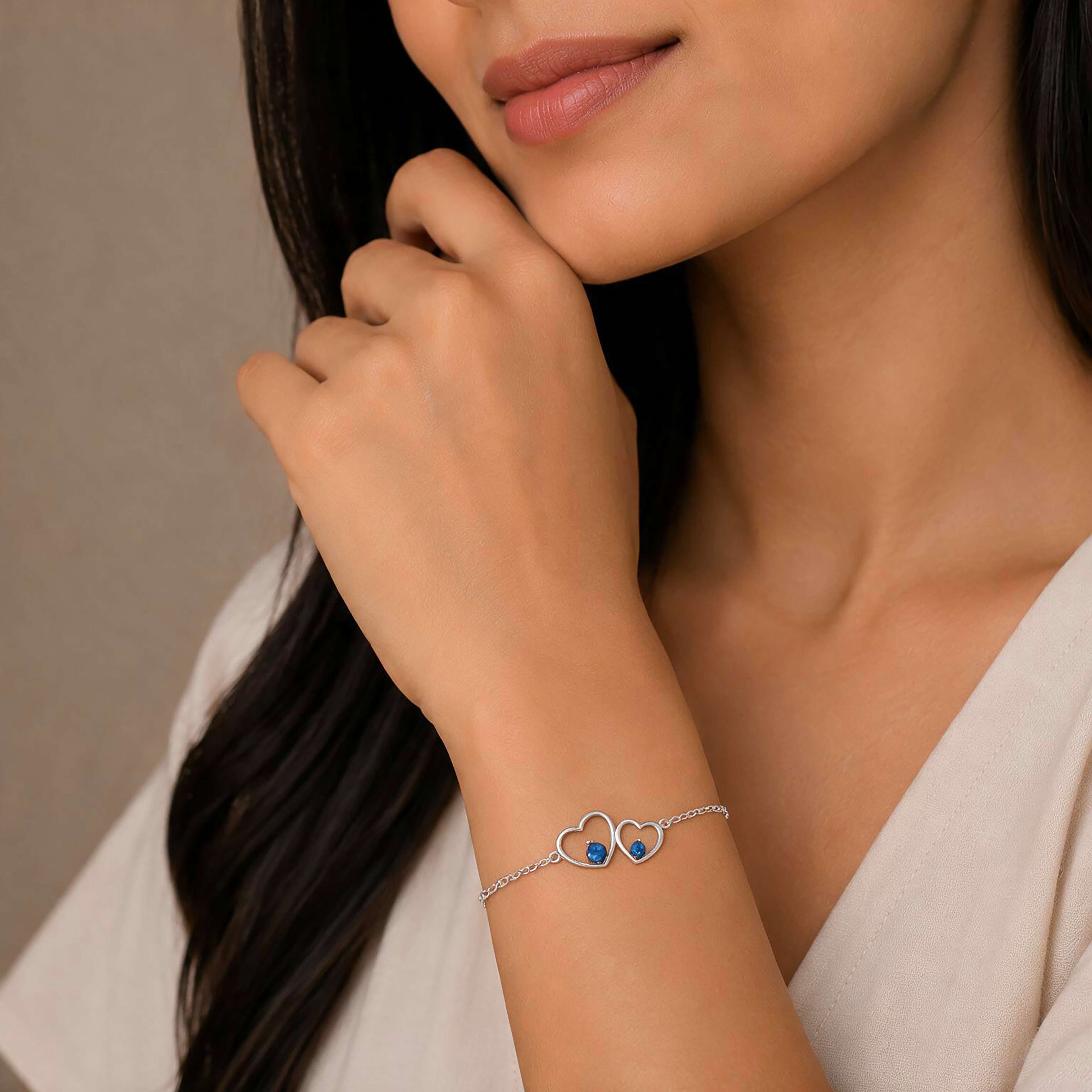Dual Heart 925 Rhodium Plated Blue Opal Bracelets