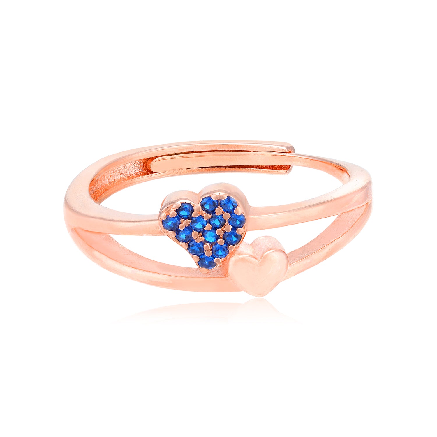 Dual Heart Rose Gold Plated Blue Stone Sleek Heart Rings