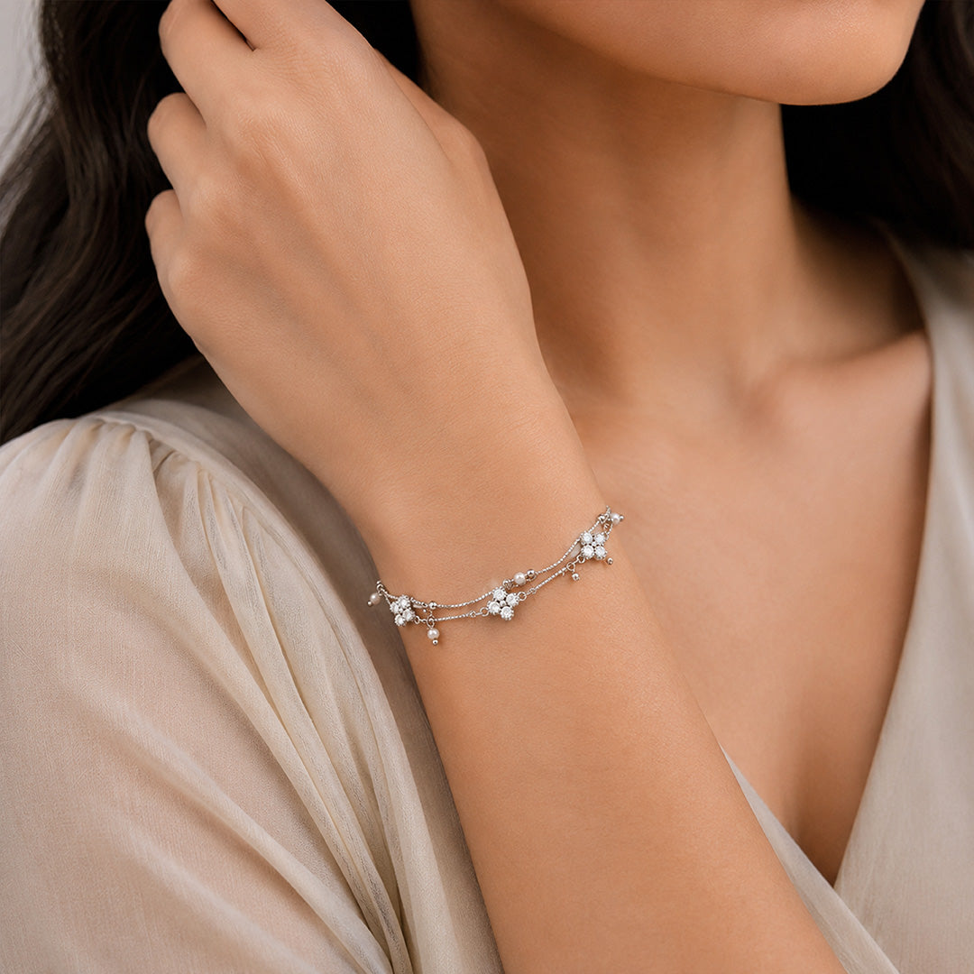Elegant Double Layer Clover Silver Bracelet