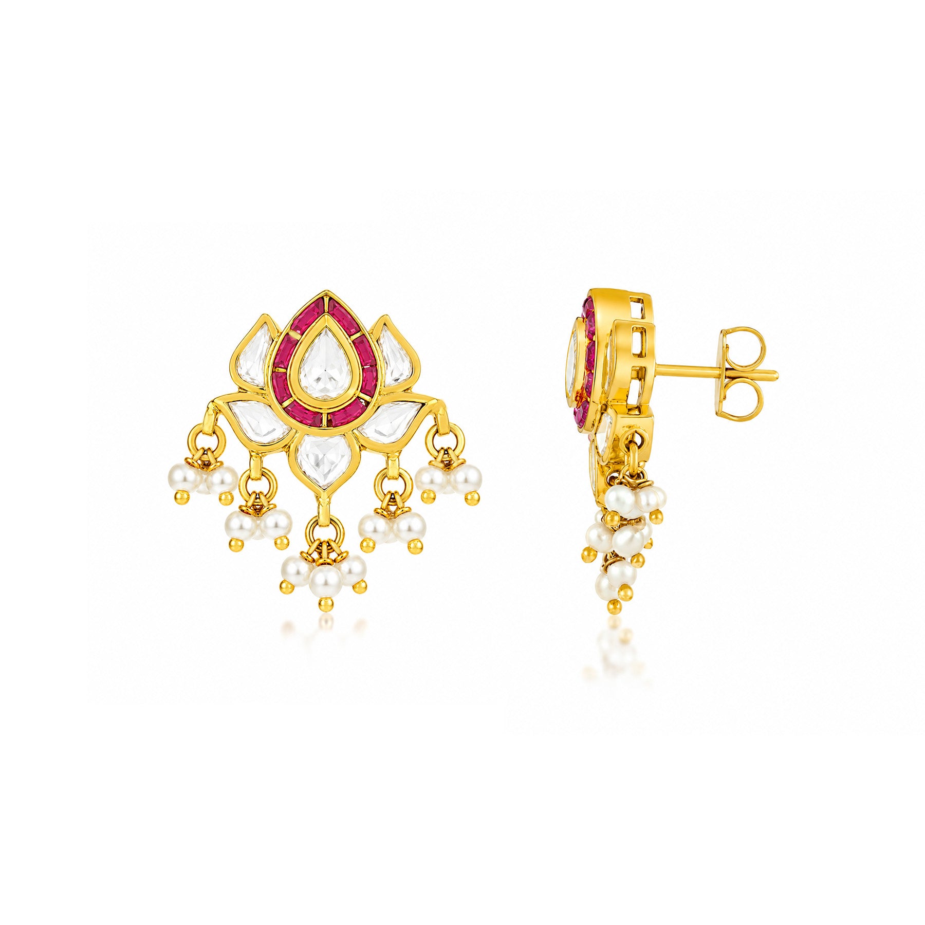 Elegant Polki Pearl Pearl Lotus 925 Sterling Silver Drop Earrings