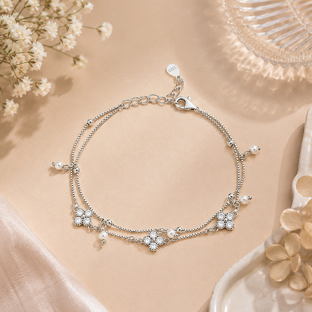 Elegant Double Layer Clover Silver Bracelet