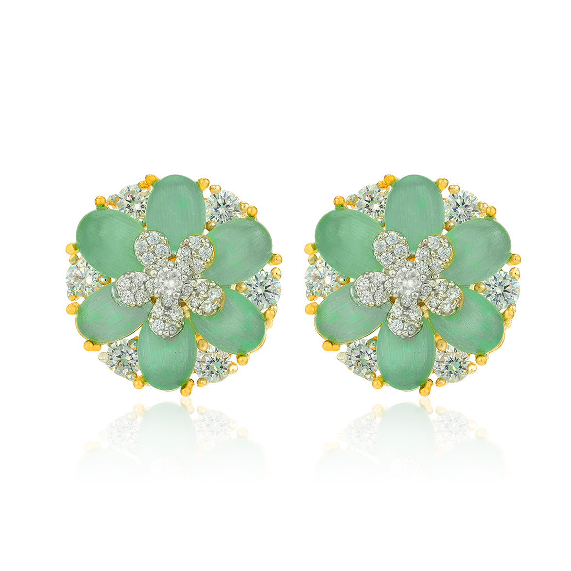 Pair of green flower-shaped earrings with gold and clear gemstone accents on a white background