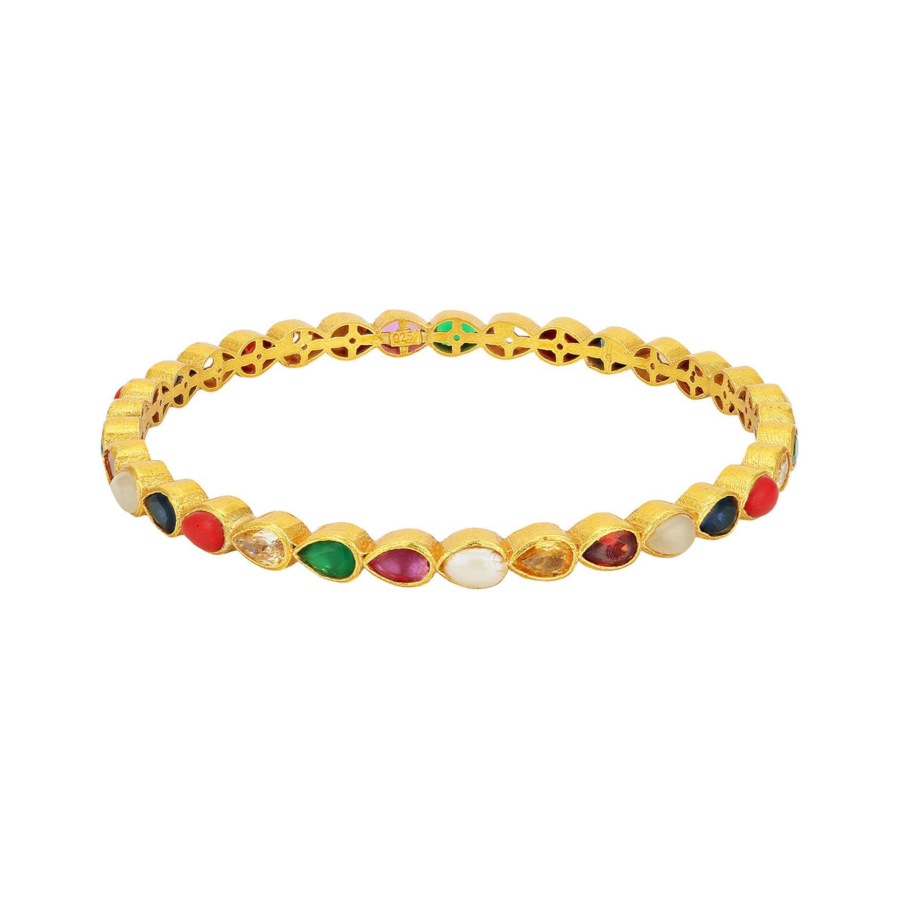 Elegant Navaratna Multi Color Teardrop 925 Sterling Silver Bangle for Women