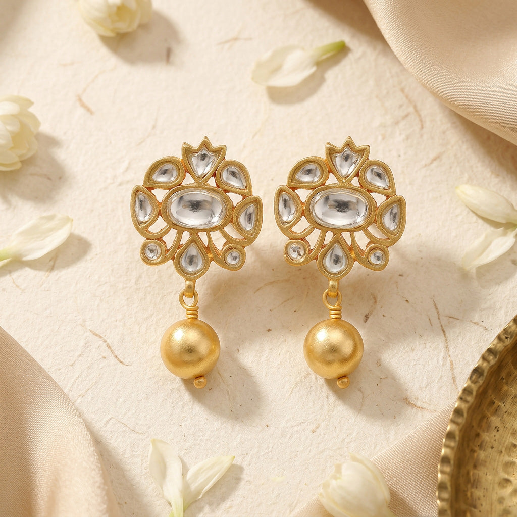 Elegant Pearled Kundan 925 Sterling Silver Earrings