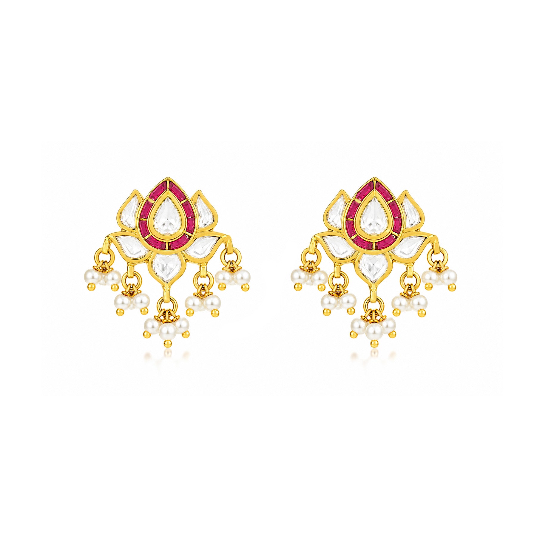 Elegant Polki Pearl Pearl Lotus 925 Sterling Silver Drop Earrings