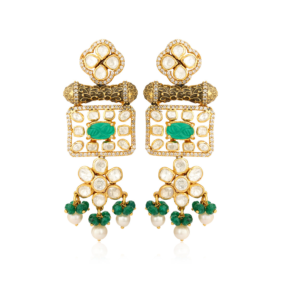Elegant  Polki Green Chandelier Silver Earrings