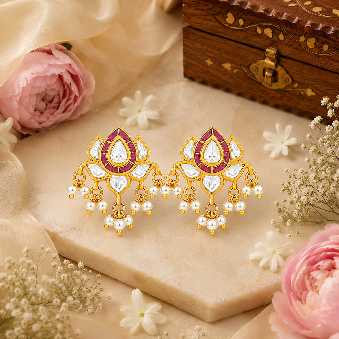 Elegant Polki Pearl Pearl Lotus 925 Sterling Silver Drop Earrings