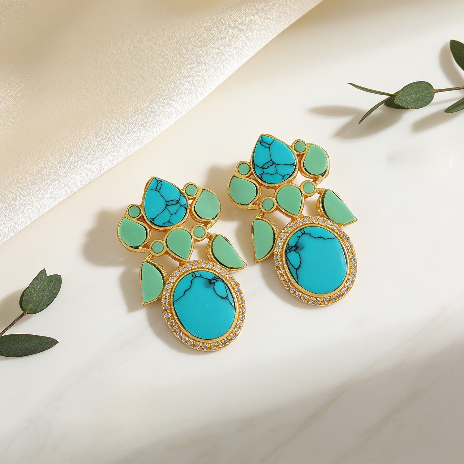 Elegant Turquoise Floral 925 Sterling Silver Earrings