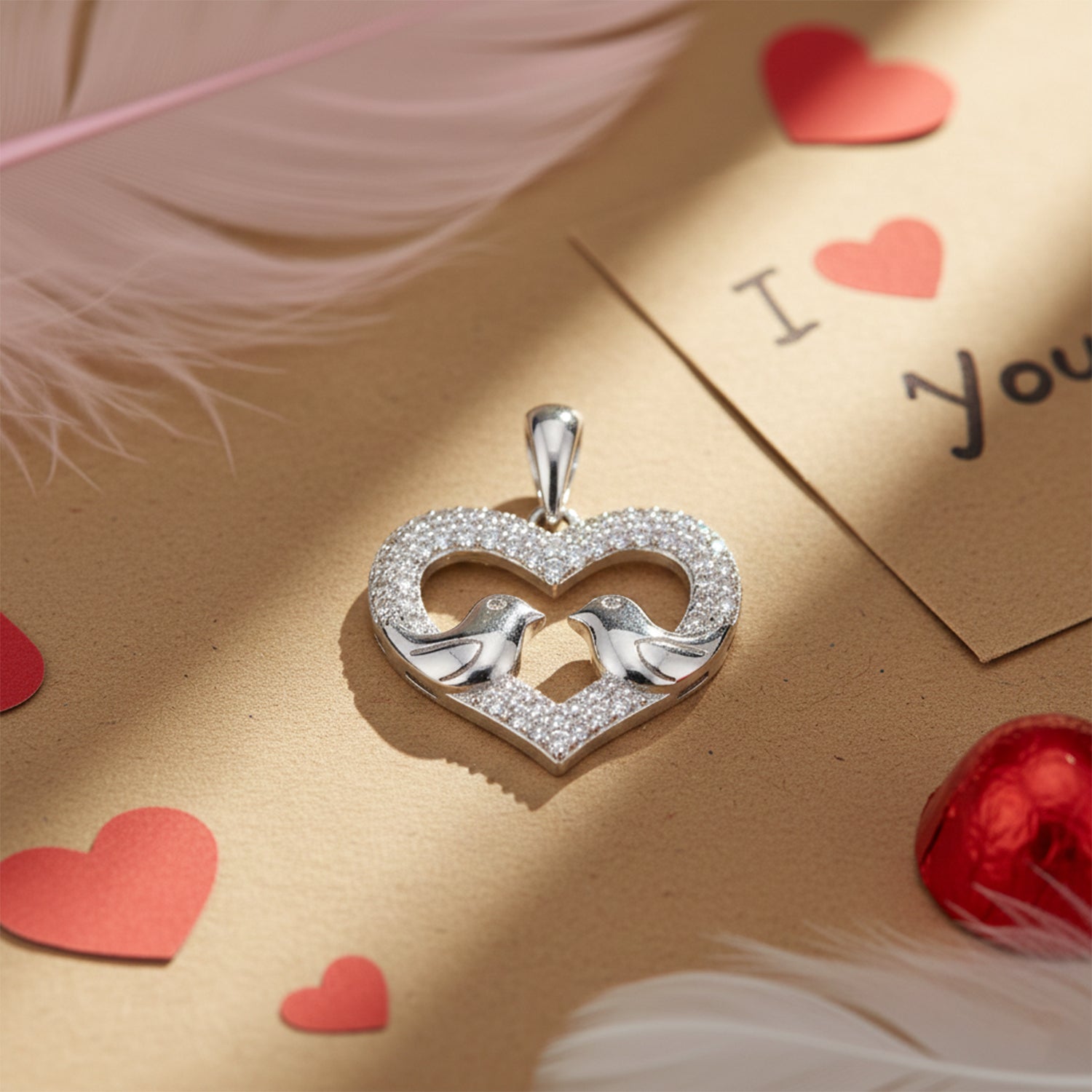 Silver heart-shaped pendant with interlocking hearts on a decorative background with red hearts and &