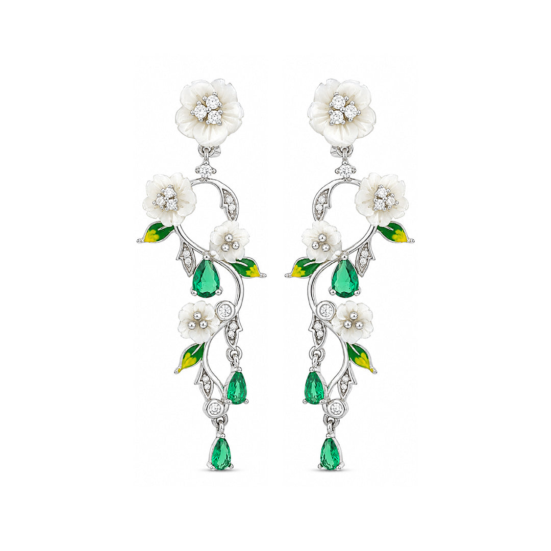 Emerald Blossom 925 Sterling Silver Floral Cascade Earrings