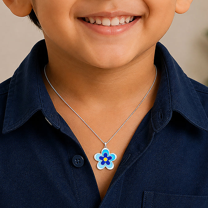 Enamel BlueFlower Charm Sterling Silver Pendant