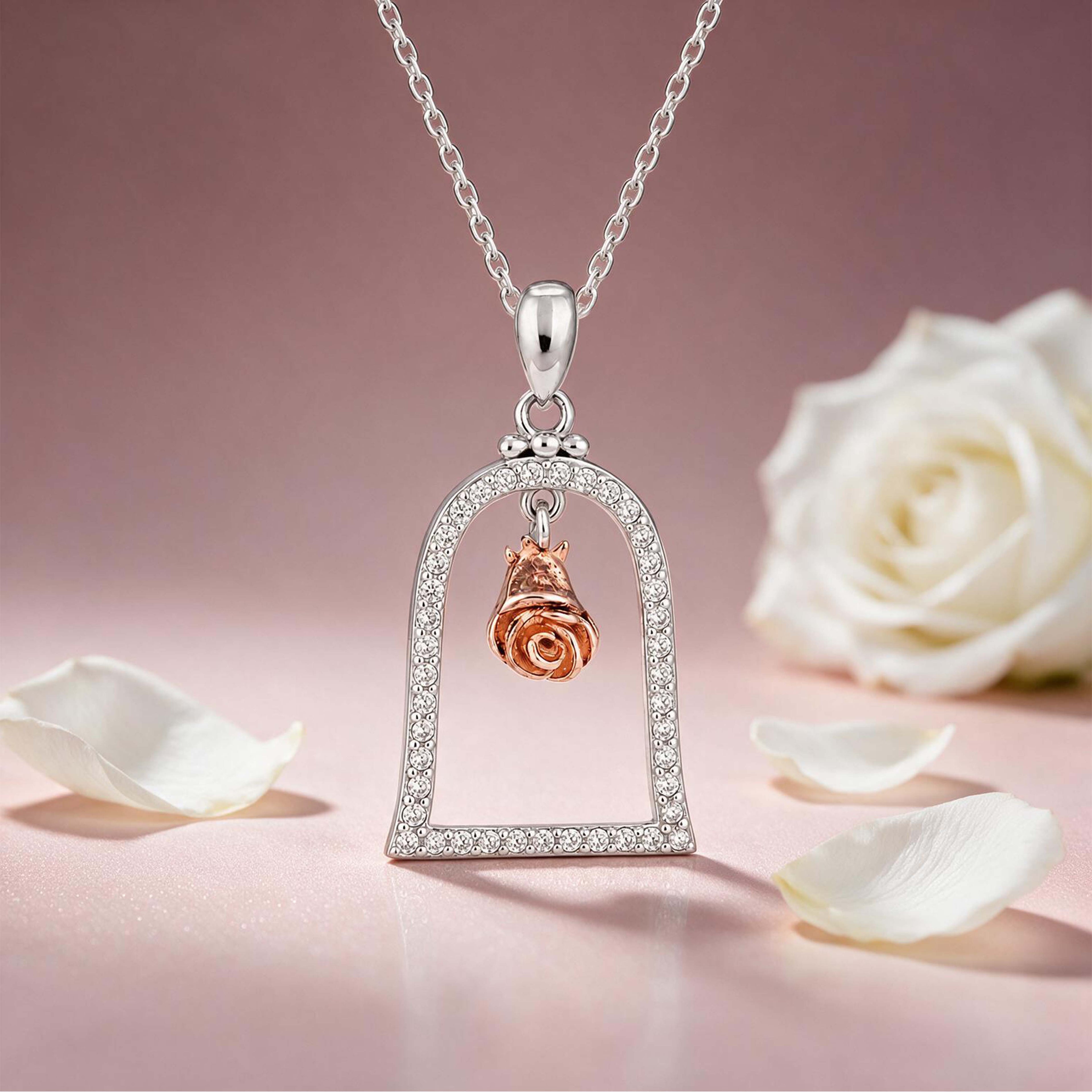 Enchanted Rose Bell Jar Silver Pendant