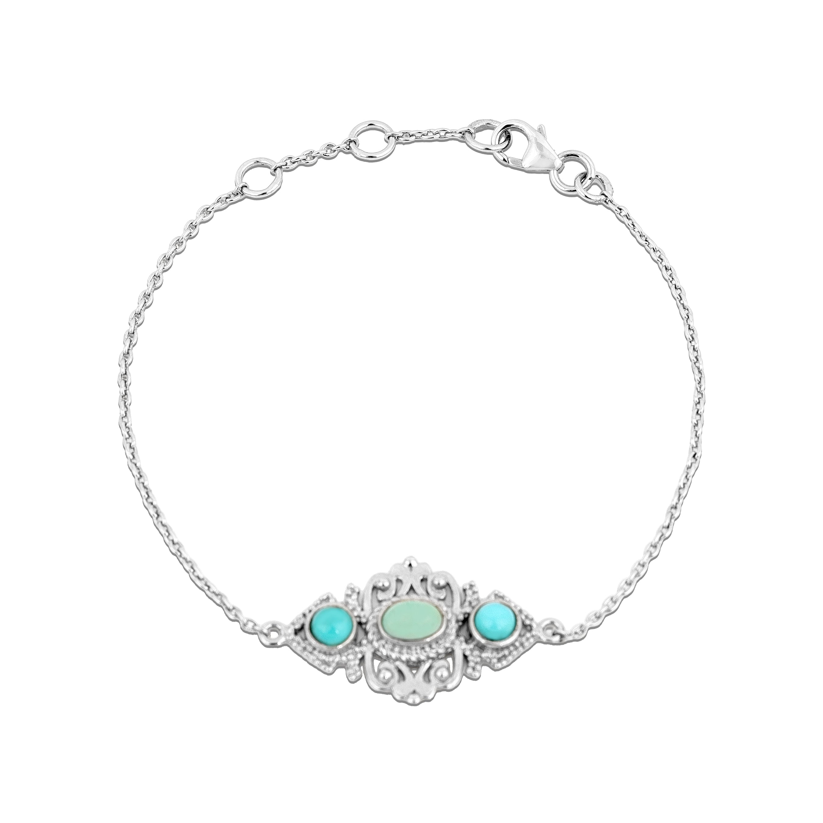 Enchanted Turquoise Medallion Silver Intricate Charm Chain Bracelet