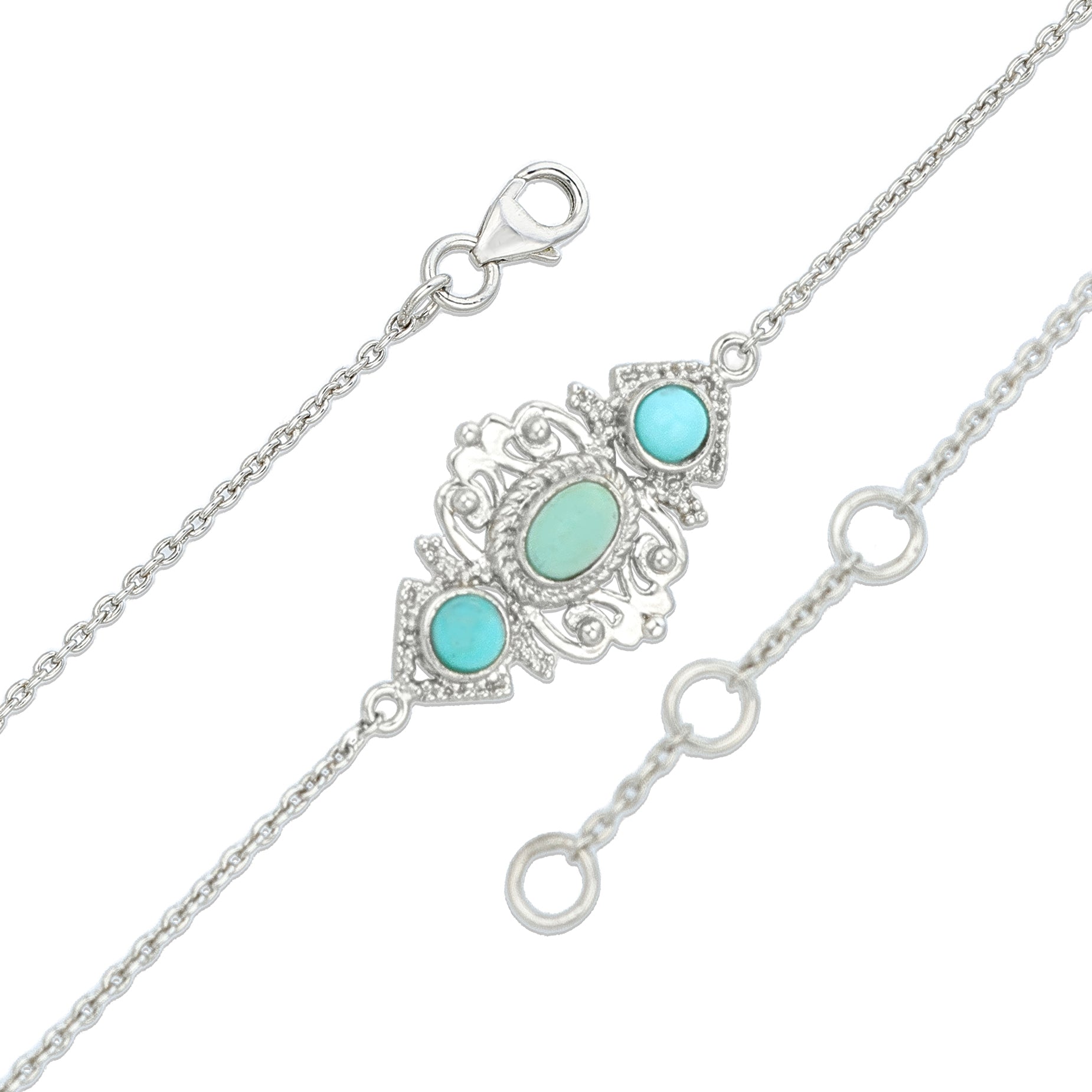 Enchanted Turquoise Medallion Silver Intricate Charm Chain Bracelet