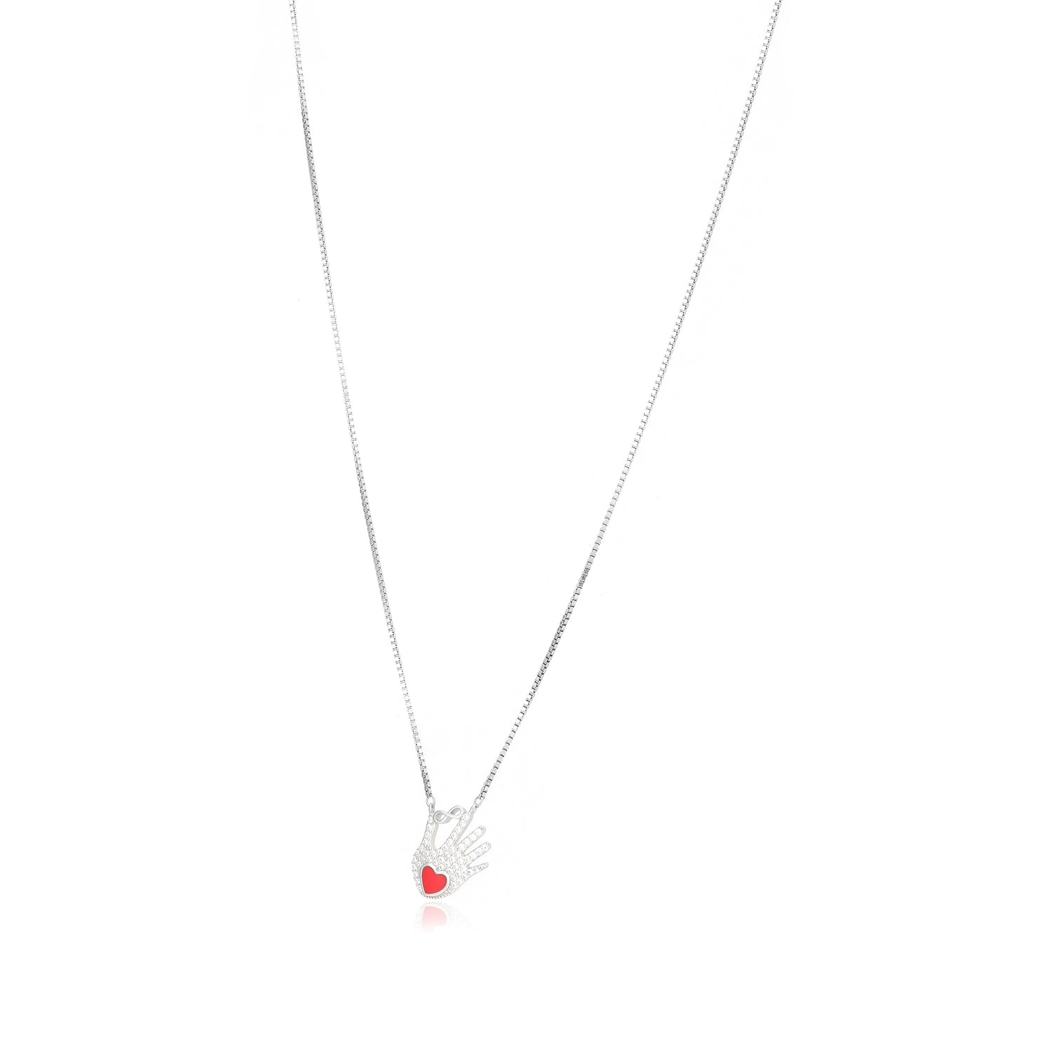 Endless Affection Hand Rhodium Plated Infinity Red Heart Chain Pendant