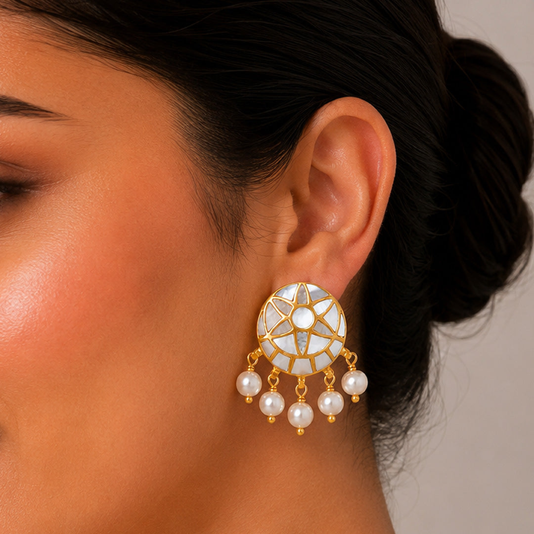 Ethnic Sunburst 925 Sterling Silver Pearl Drop Earrings