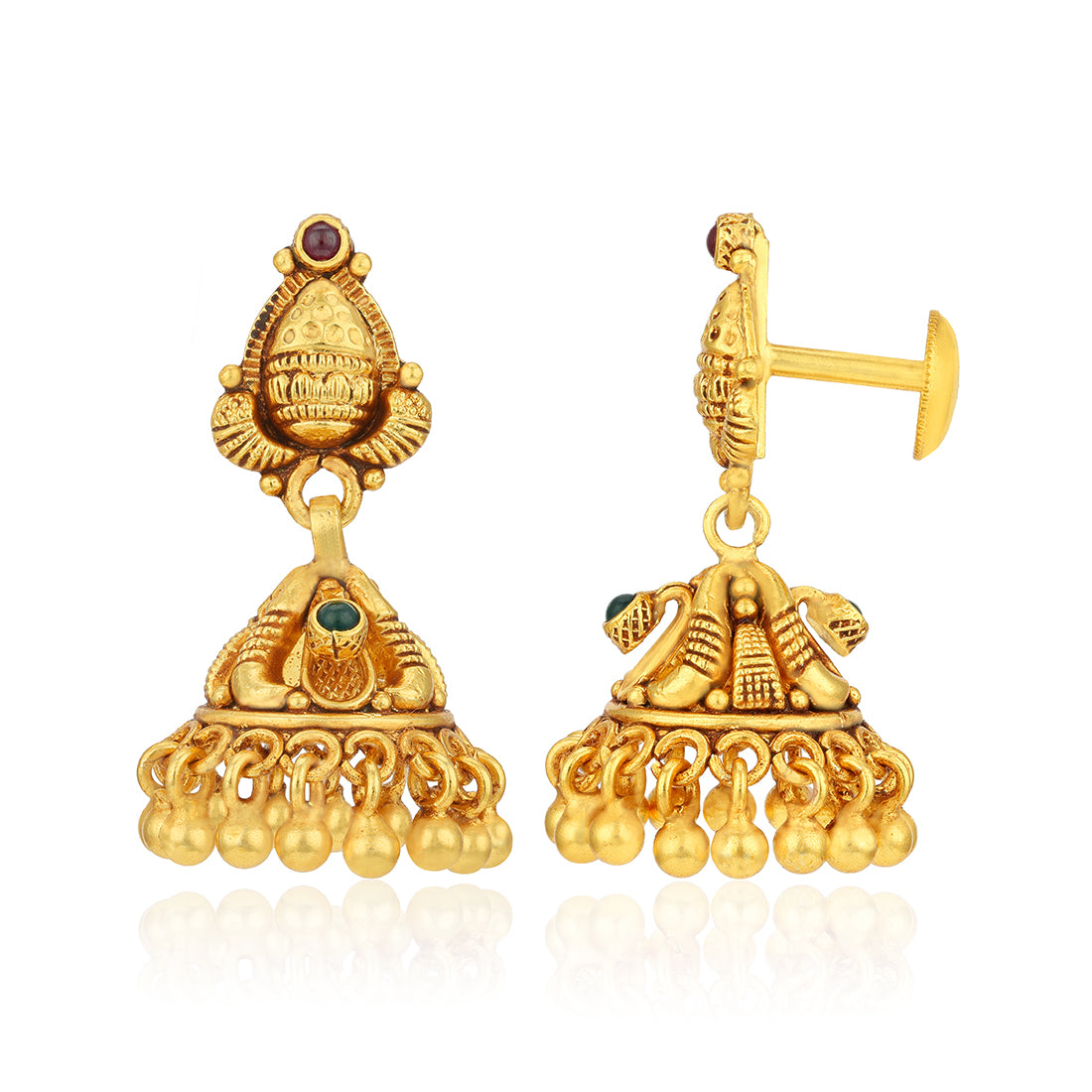 Pair of gold earrings with intricate designs on a white background