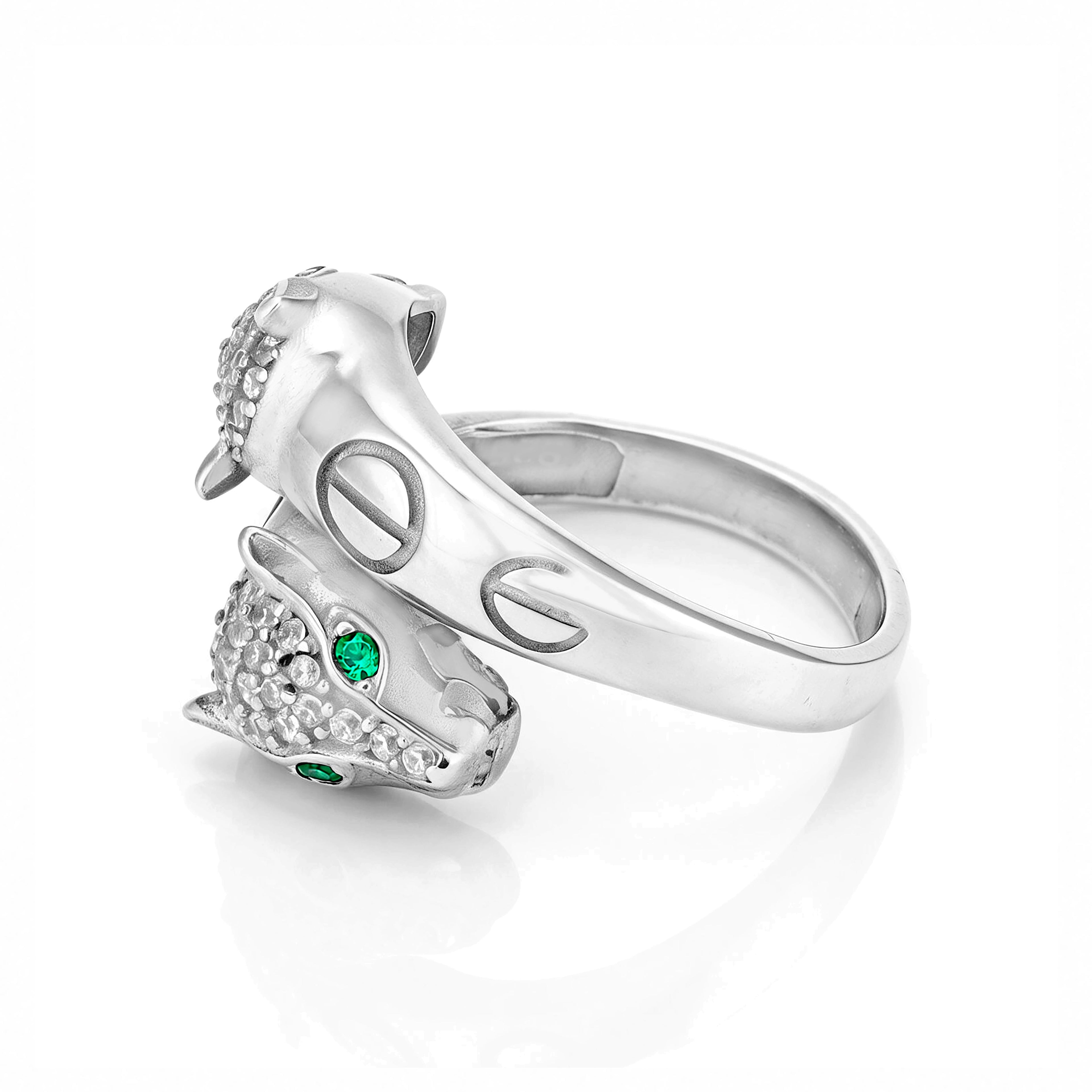 Fierce Emerald Eye Open Wrap Silver Ring