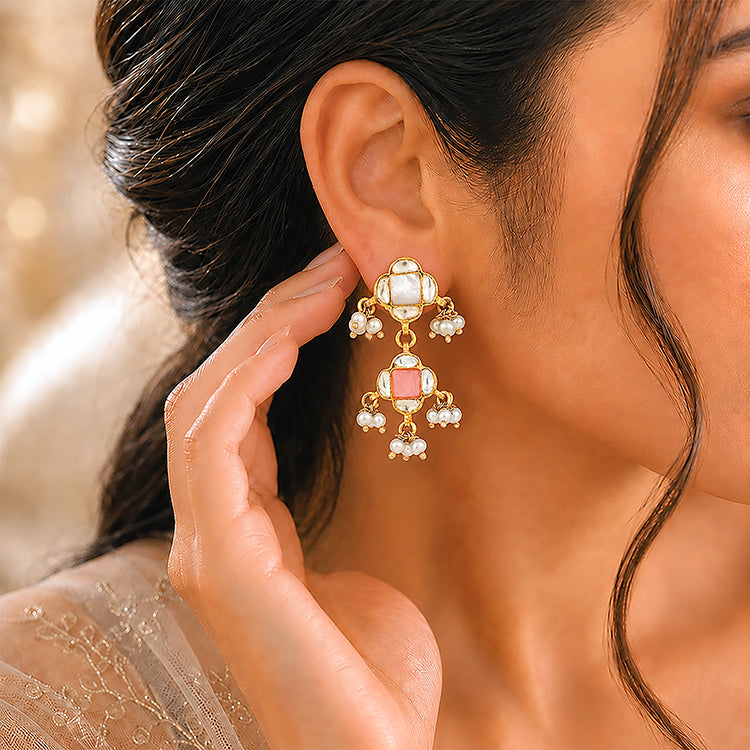 Floral Petal Pearl Golden 925 Sterling Silver Earring