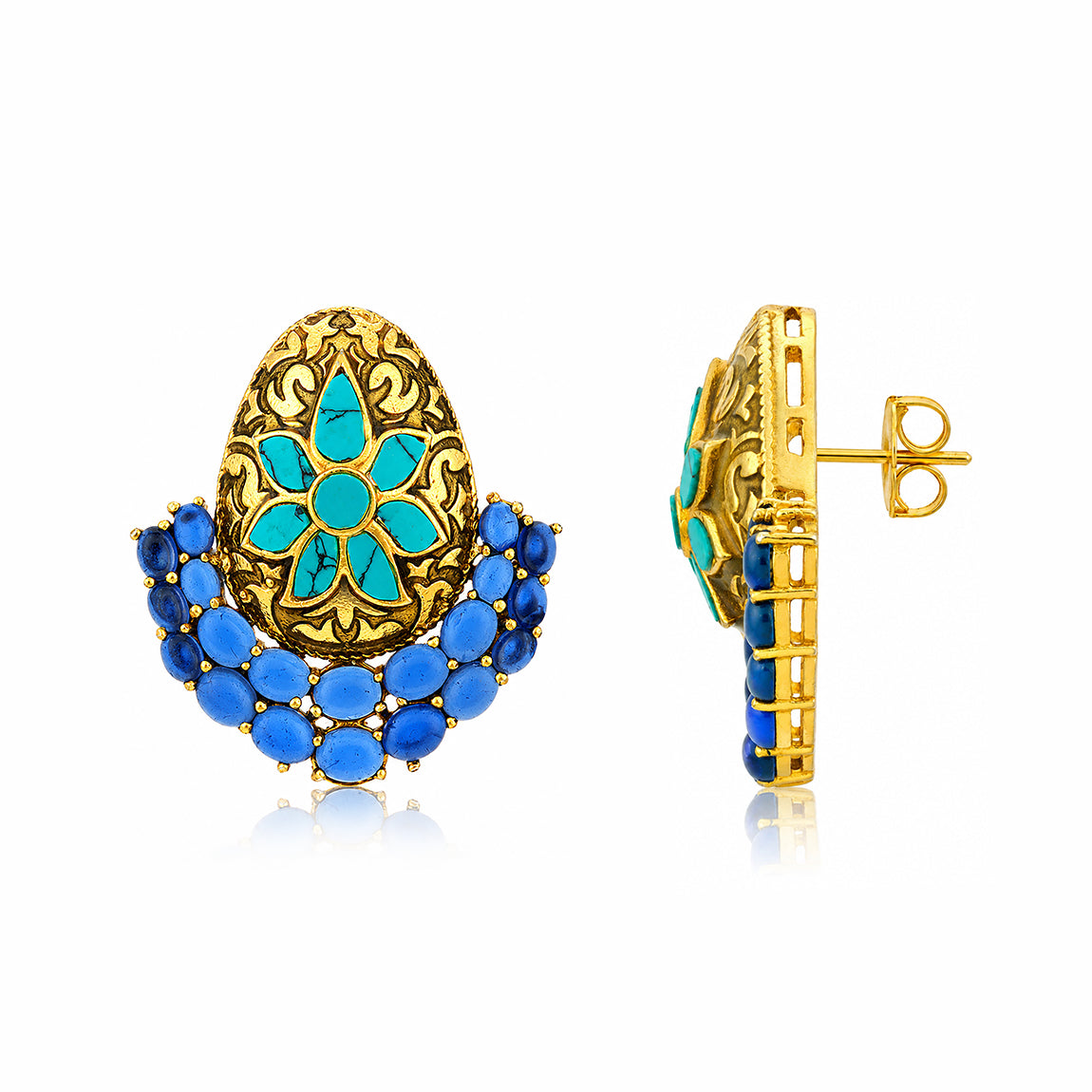 Floral Bee Golden 925 Sterling Silver Heritage Blue Stud Earrings