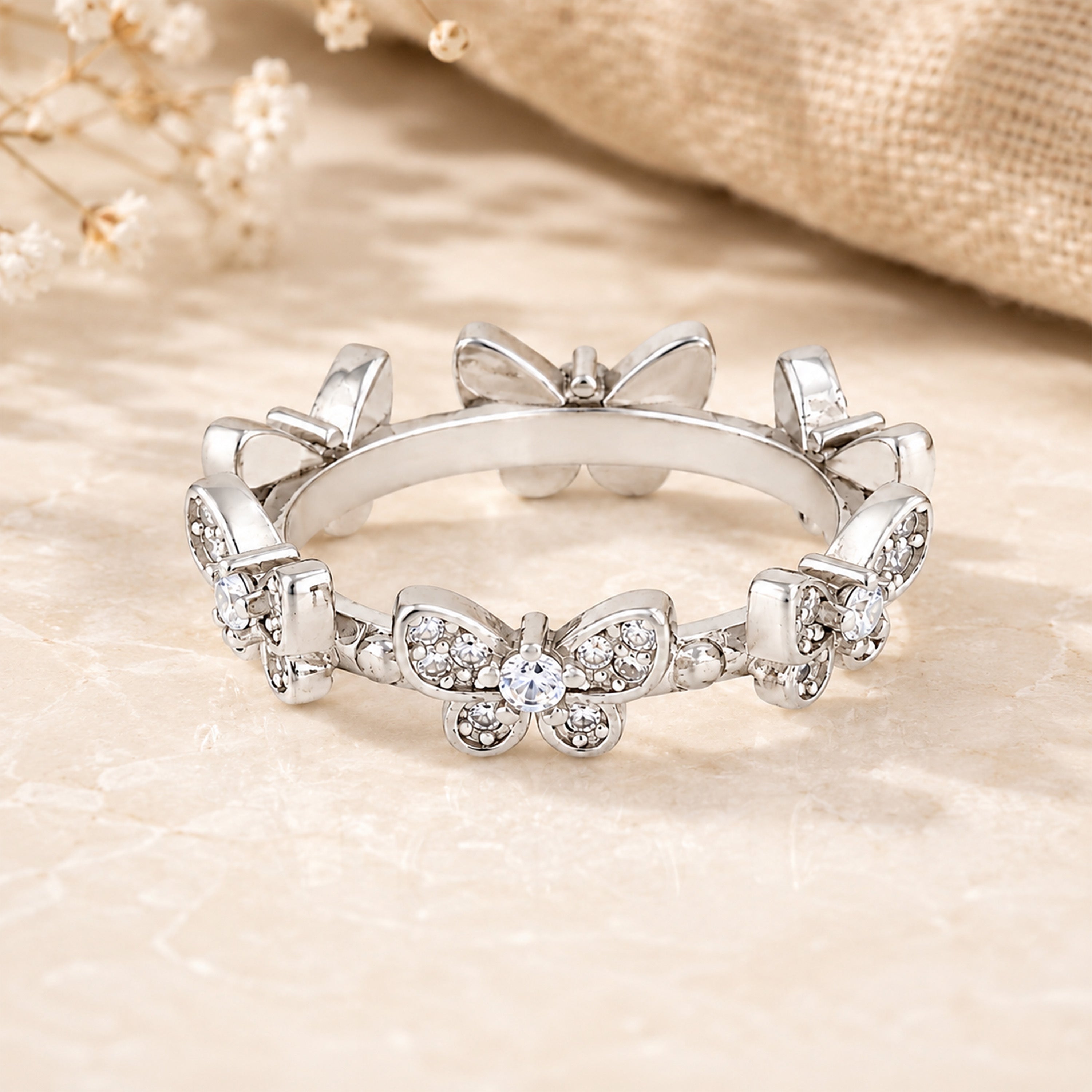 Floral Inspired Butterfly Crystal Shine 925 Sterling Silver Rng for women