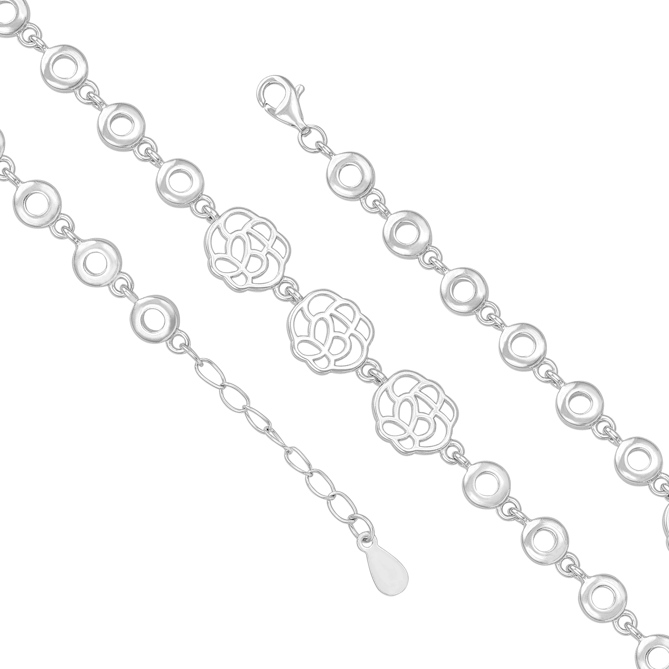 Silver chain necklace with intricate links on a white background