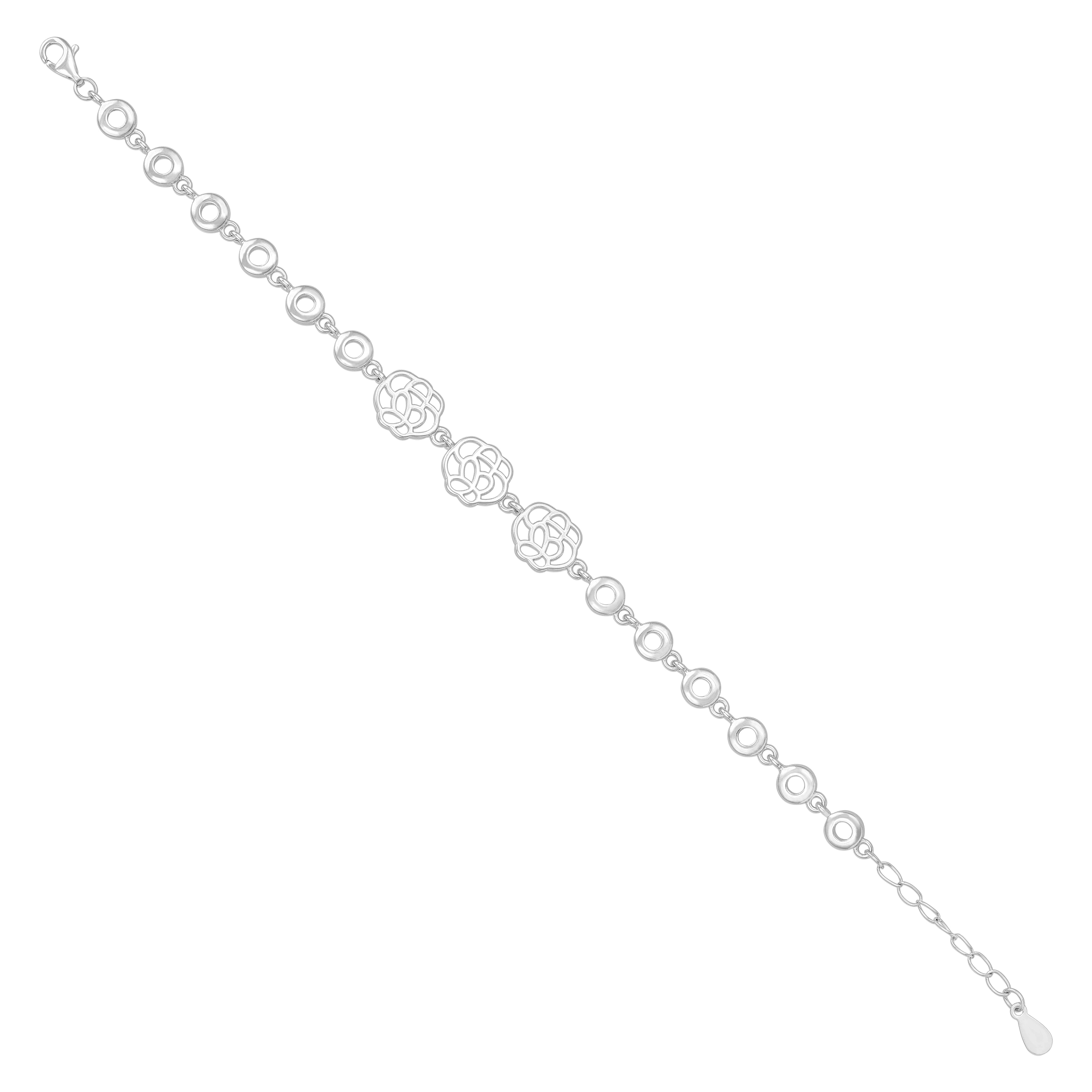 Silver bracelet with floral designs on a white background