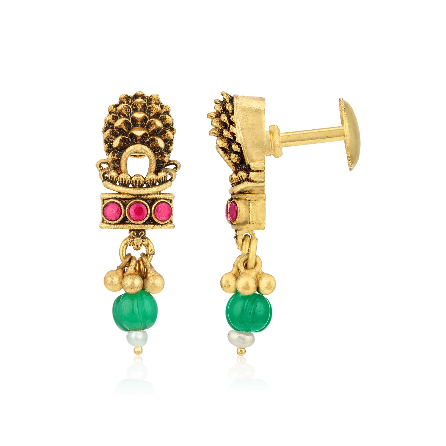 Gold earrings with colorful beads on a white background