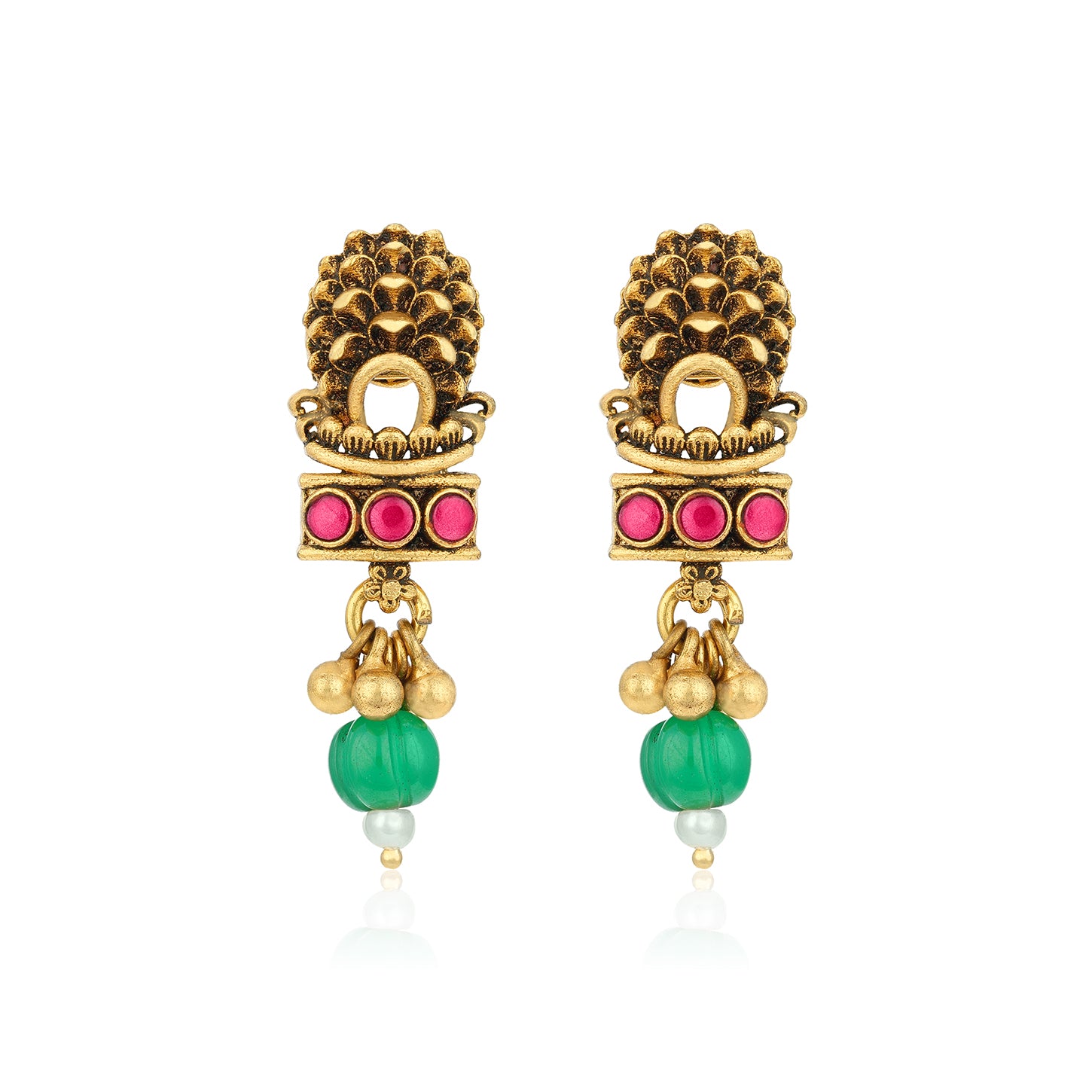 Pair of gold earrings with pink and green beads on a white background