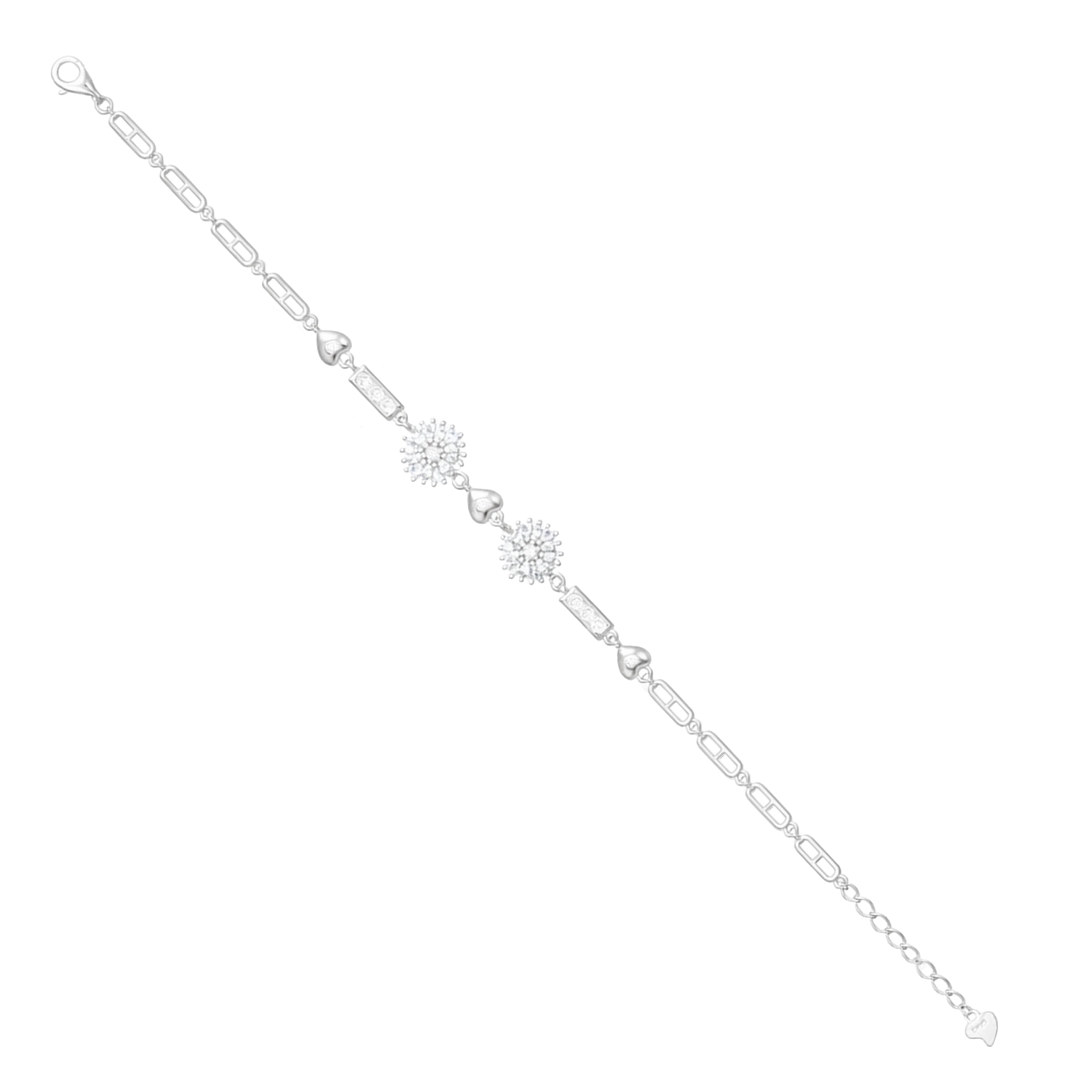 Silver bracelet with floral designs on a white background