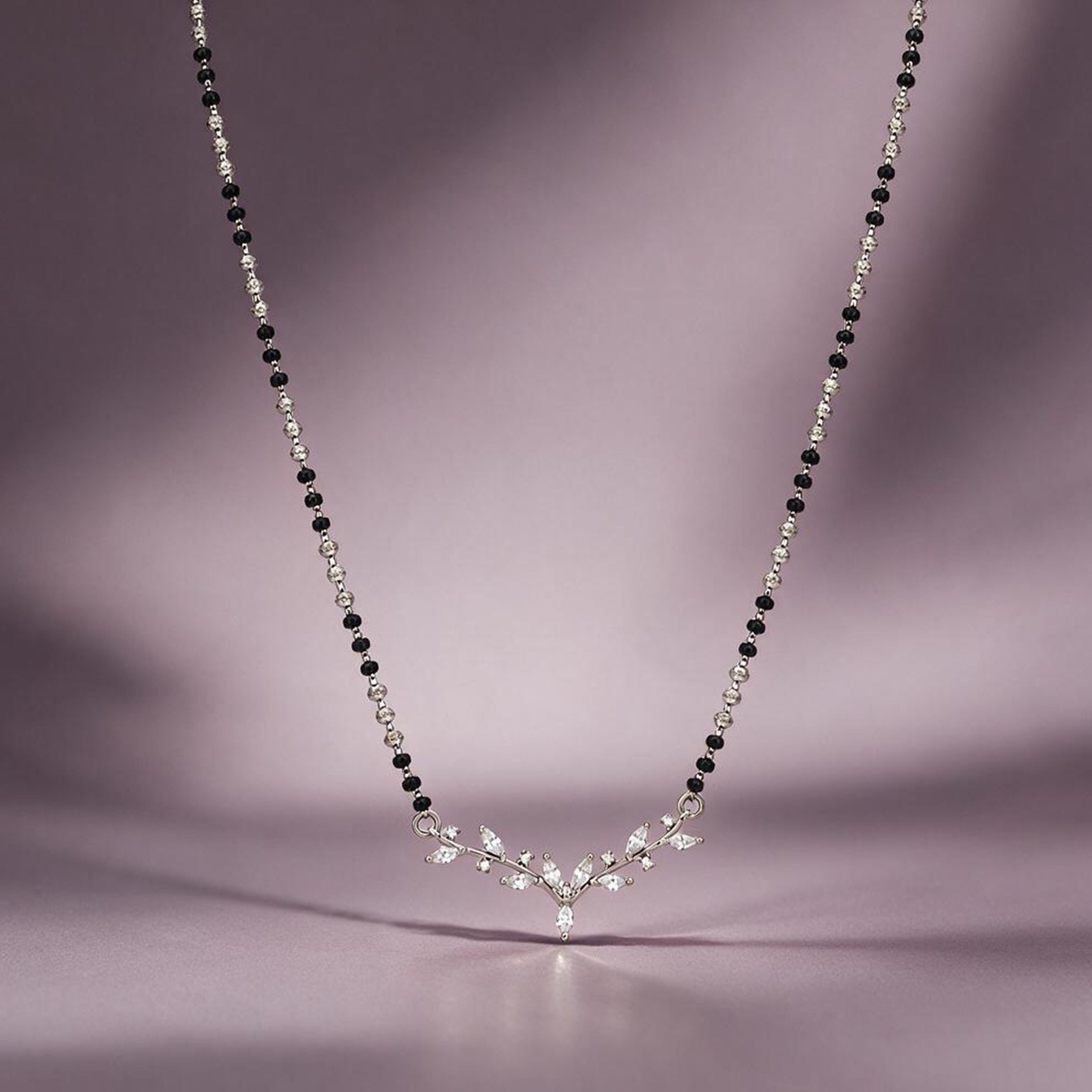 Floral Silver Marquise Crystal Mangalsutra Chain Pendant